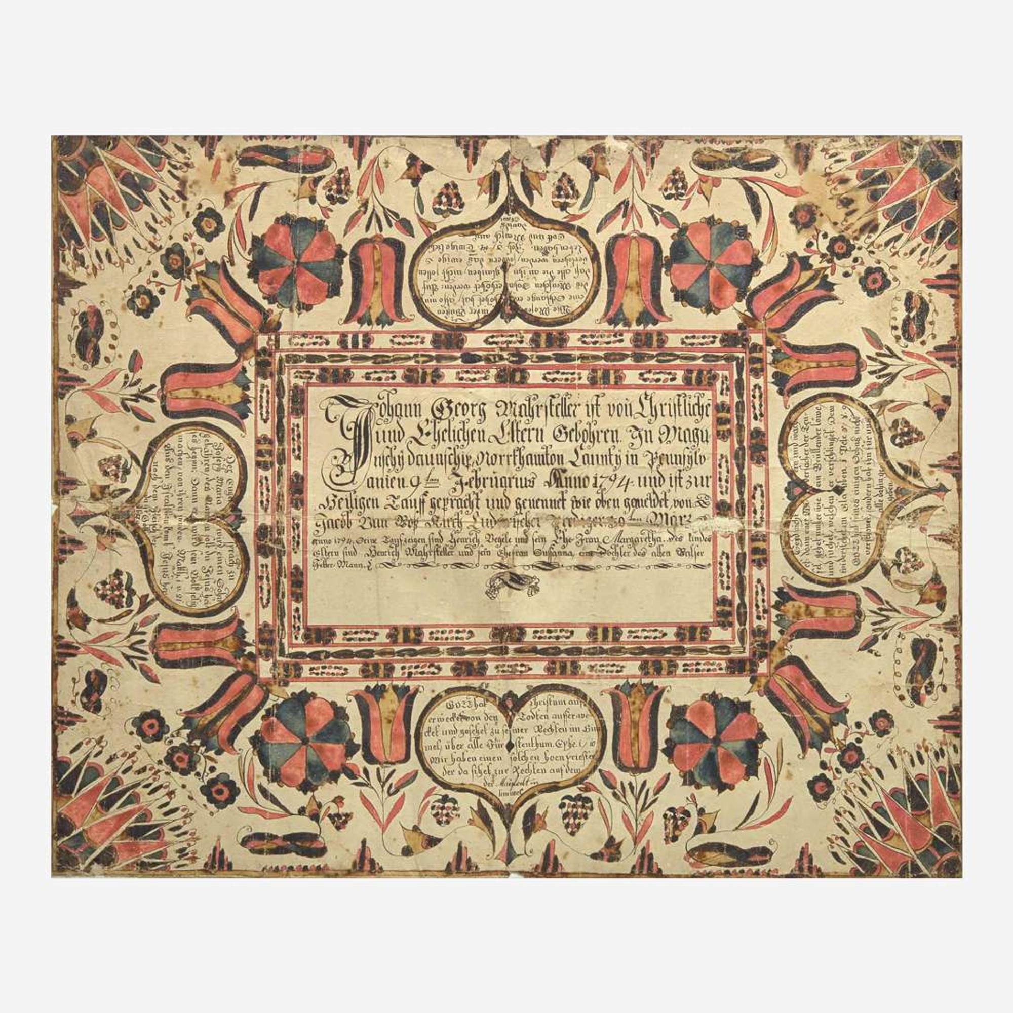A Fraktur birth and baptismal certificate for Johan George Mahrsteller Heinrich Weiss (active c. 1776-1808)