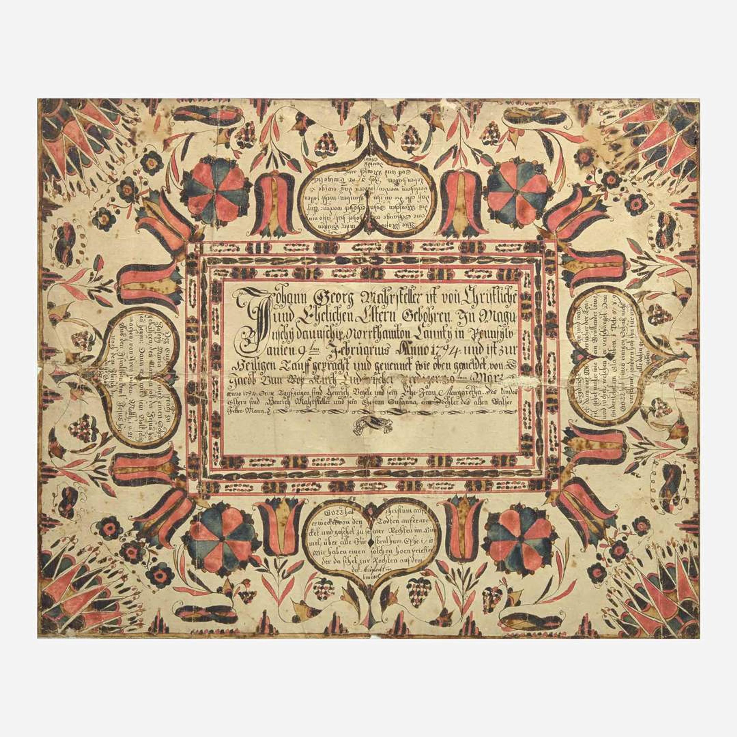 A Fraktur birth and baptismal certificate for Johan George Mahrsteller Heinrich Weiss (active c. 1776-1808)