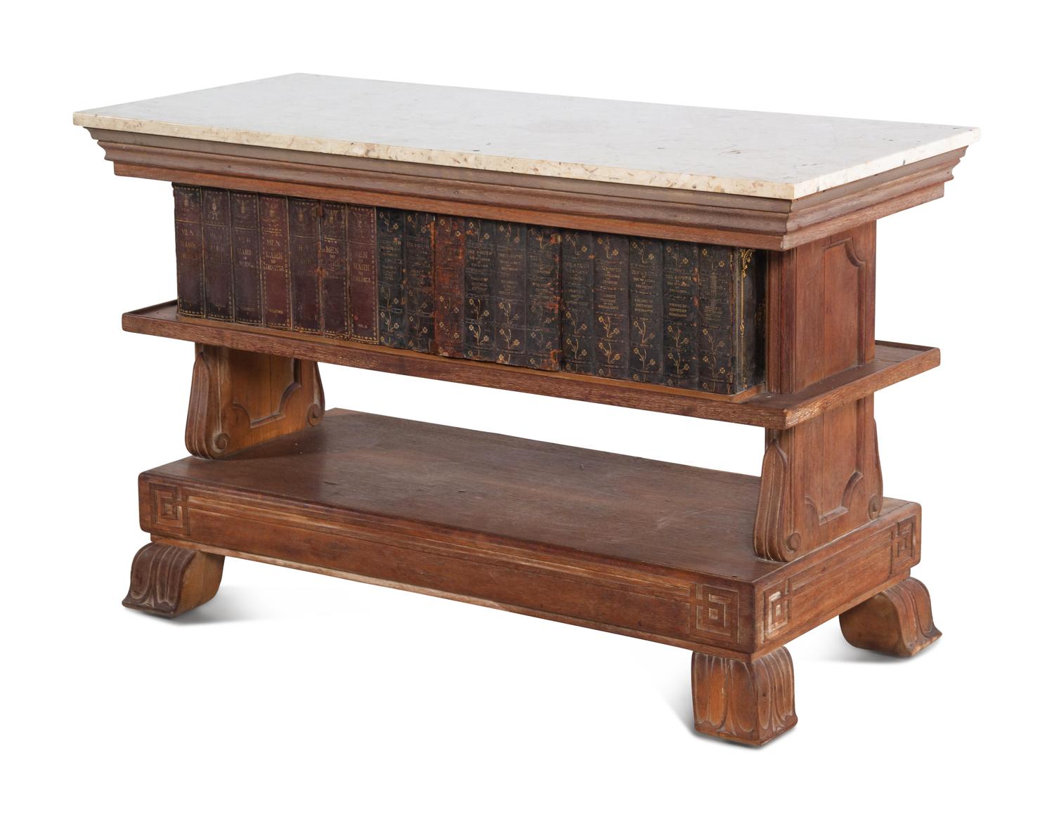 A Carved Marble-Top Console Table with Faux Books