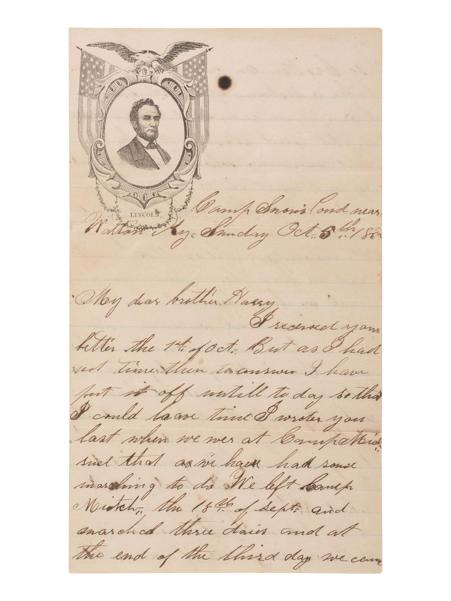 [LINCOLNIANA - CIVIL WAR]. Illustrated lettersheet with soldier's letter.