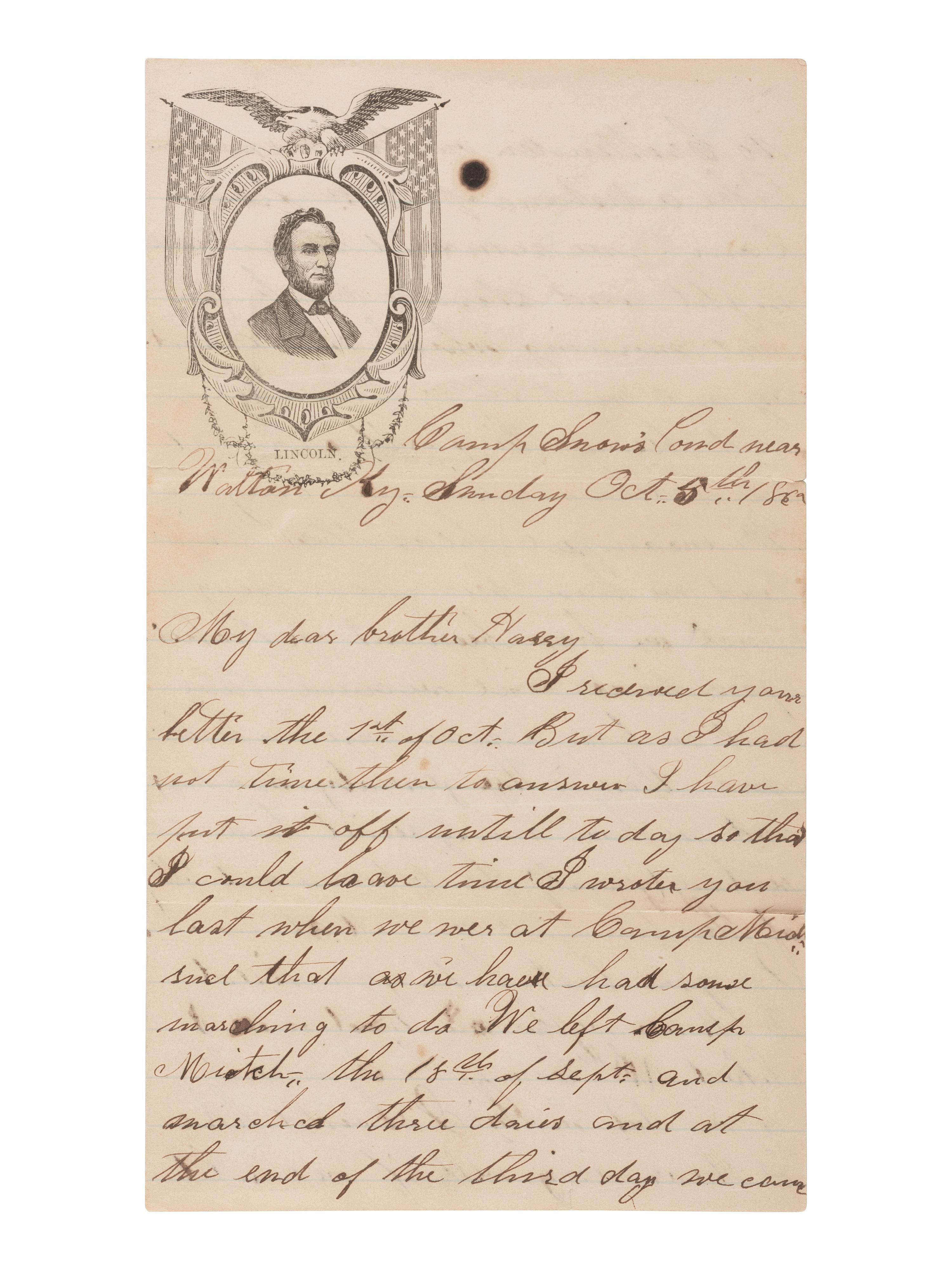 [LINCOLNIANA - CIVIL WAR]. Illustrated lettersheet with soldier's letter.