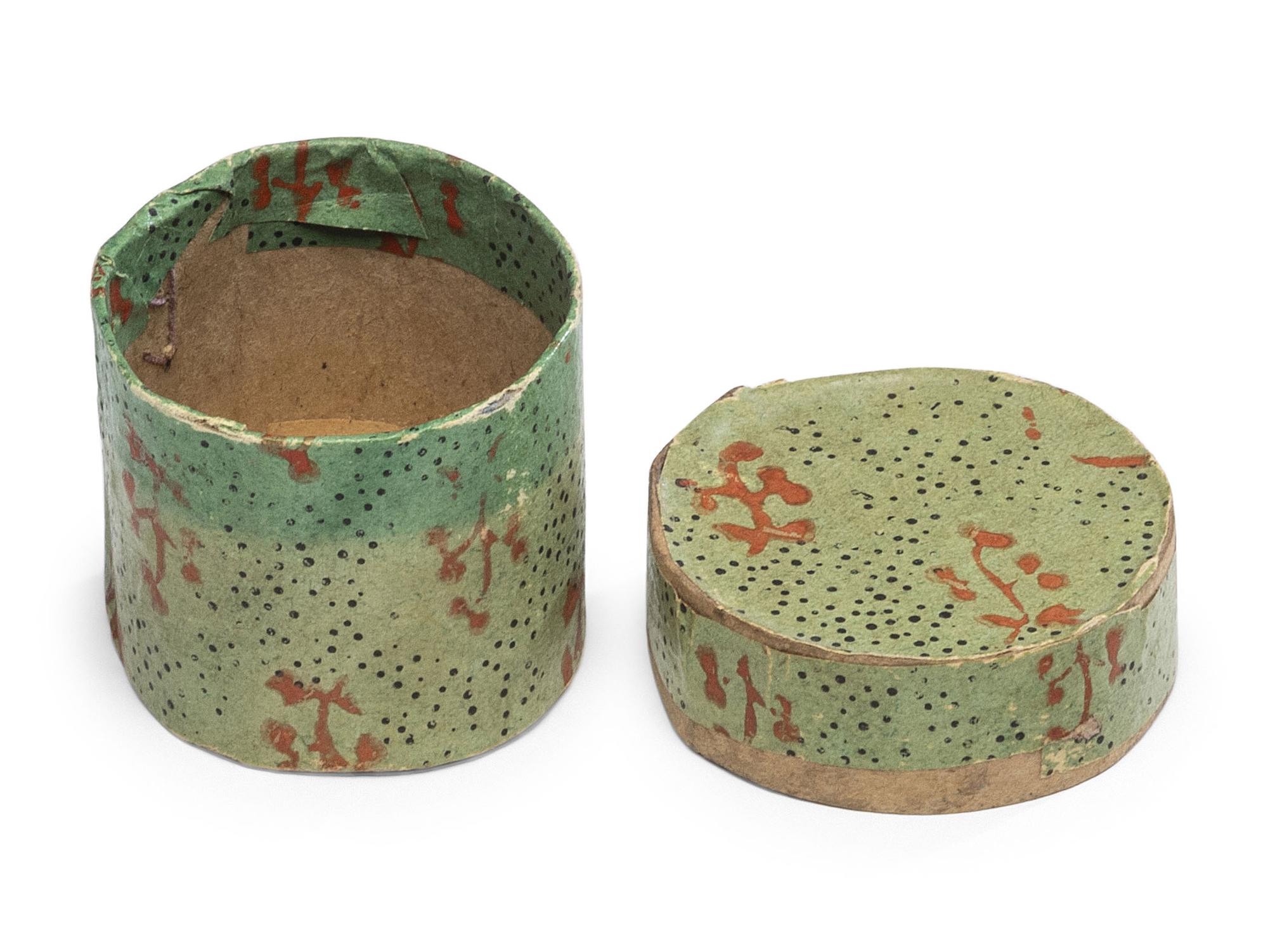A Miniature Wallpaper Hat Box and Miniature Basket