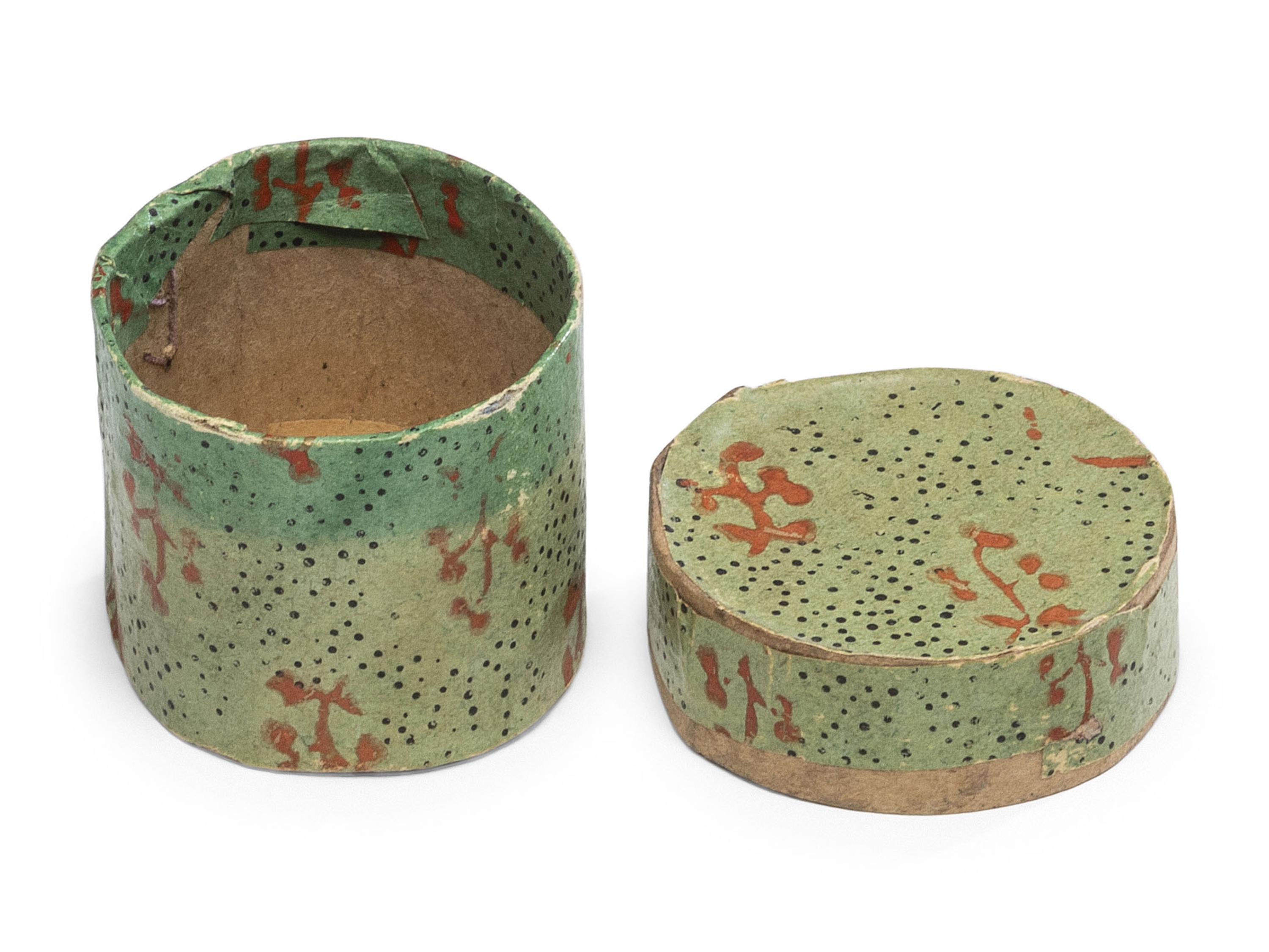 A Miniature Wallpaper Hat Box and Miniature Basket