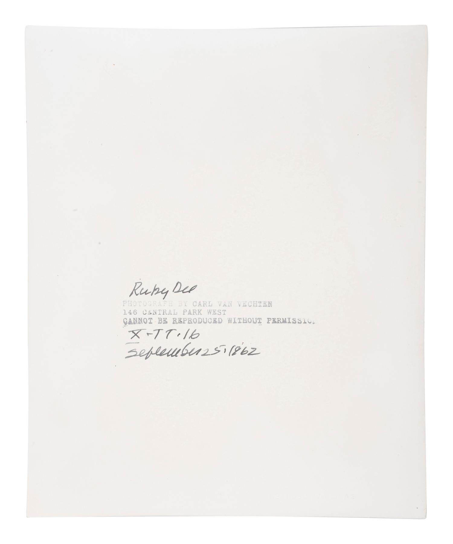 [PHOTOGRAPHY]. VAN VECHTEN, Carl (1880-1964), photographer. Portrait of Ruby Dee. 25 September 1962.