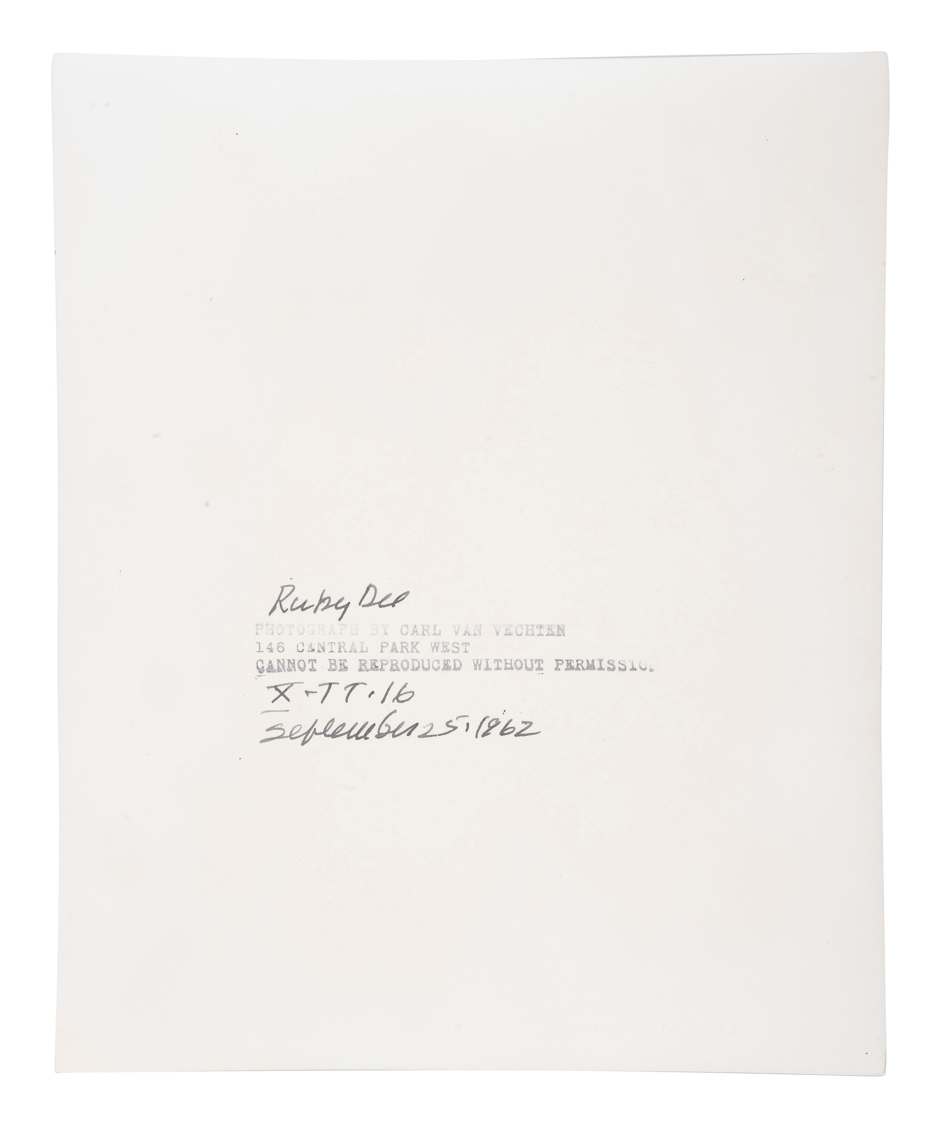 [PHOTOGRAPHY]. VAN VECHTEN, Carl (1880-1964), photographer. Portrait of Ruby Dee. 25 September 1962.