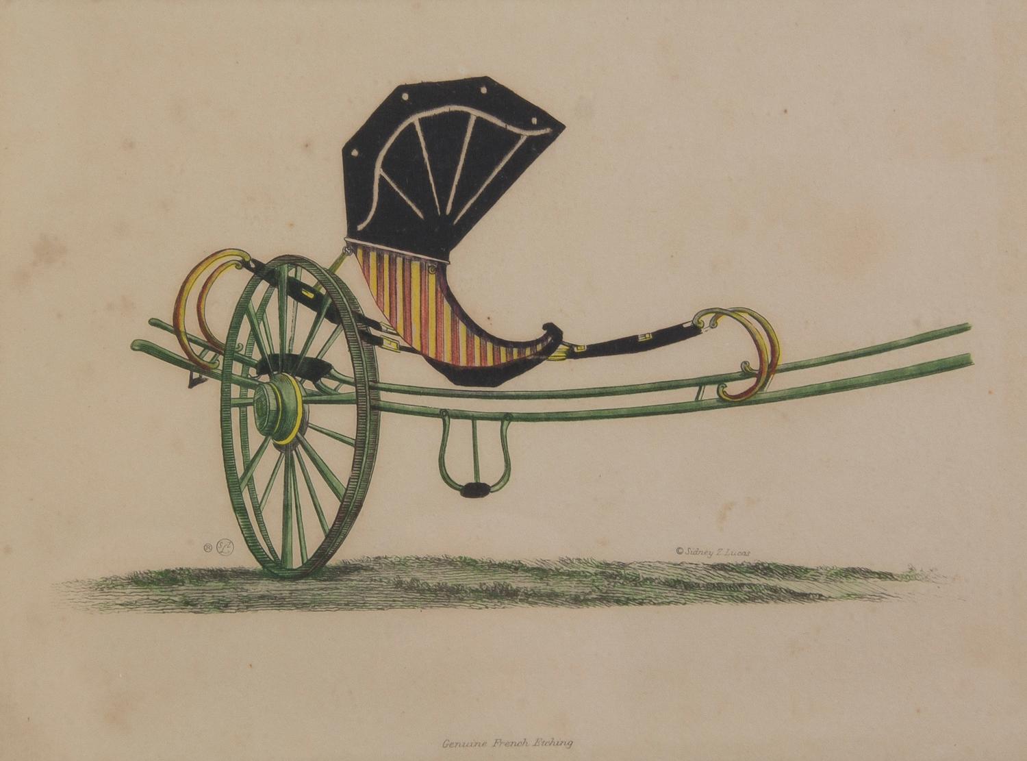 Nine French Handcolored Engravings, Sidney Z. Lucas, Height 5 3/4 x width 7 7/8 inches (visible).
