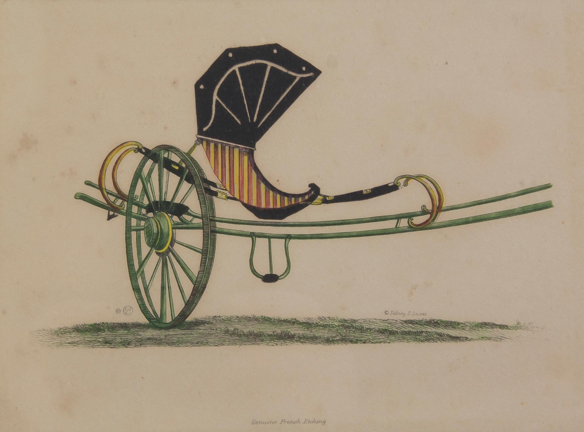 Nine French Handcolored Engravings, Sidney Z. Lucas, Height 5 3/4 x width 7 7/8 inches (visible).