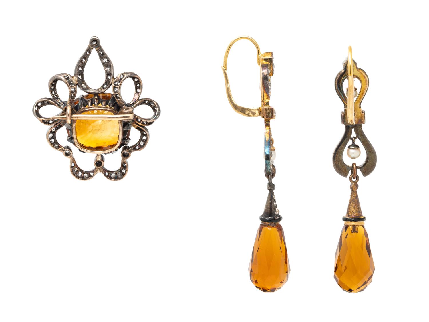 ANTIQUE, CITRINE AND DIAMOND BROOCH AND EARRINGS