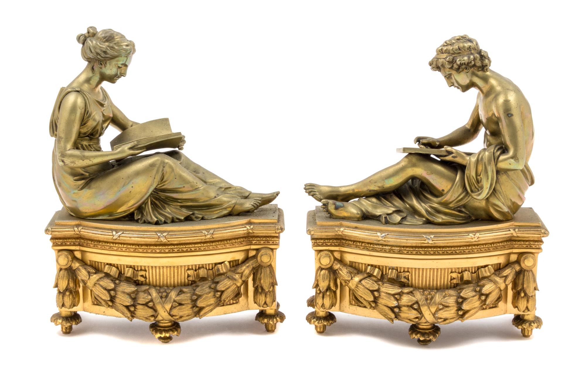 A Pair of French Gilt Bronze Figural Chenets Width 11 1/2 inches.