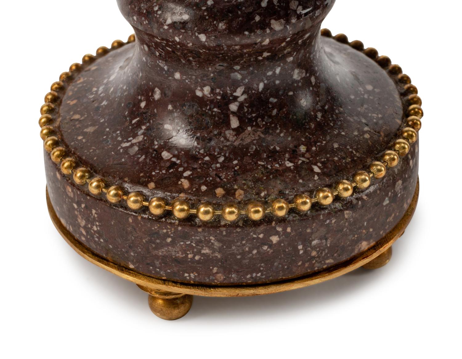 A Pair of Neoclassical Style Bronze-Mounted Porphyry Urns