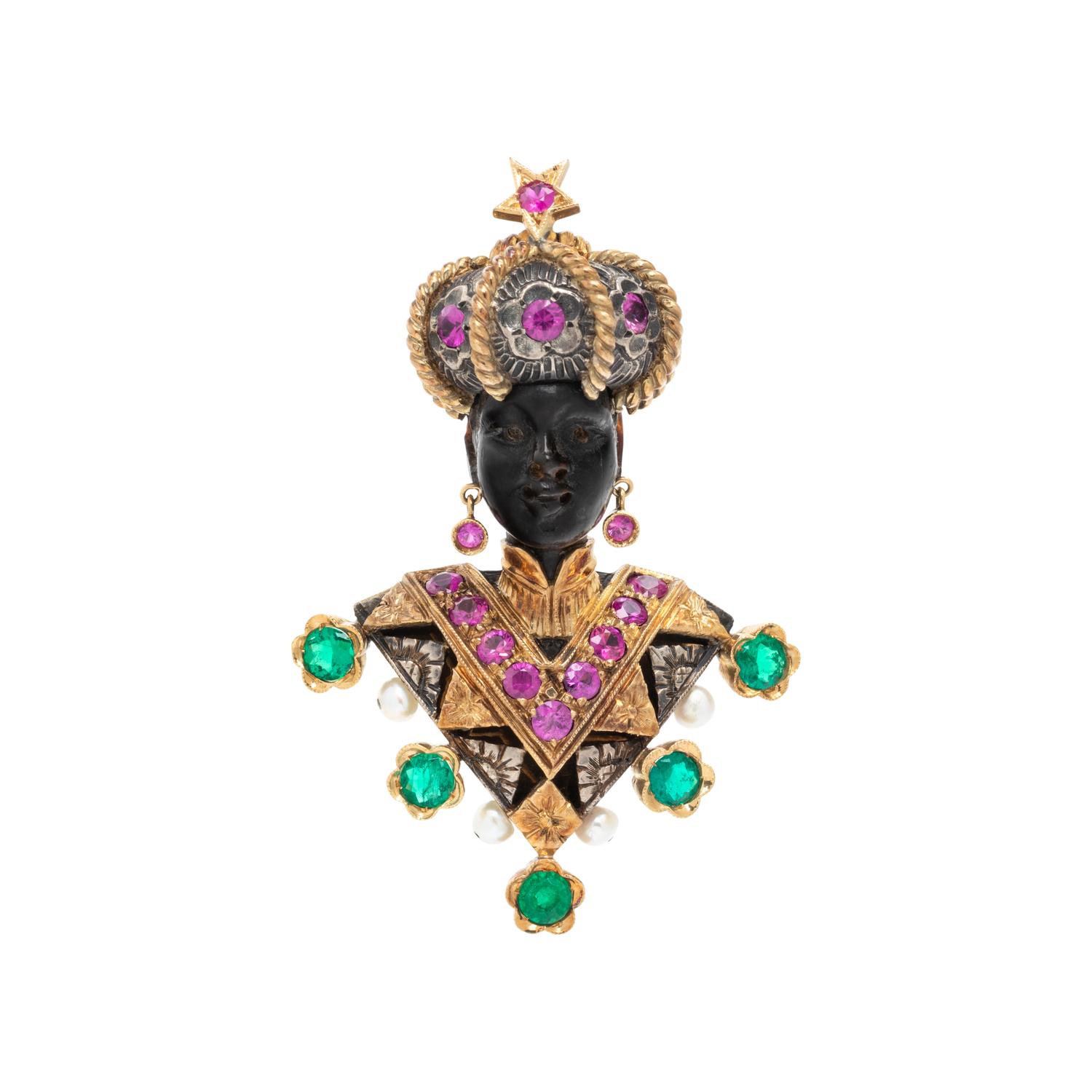 NARDI, YELLOW GOLD, SILVER AND MULTIGEM BLACKAMOOR BROOCH