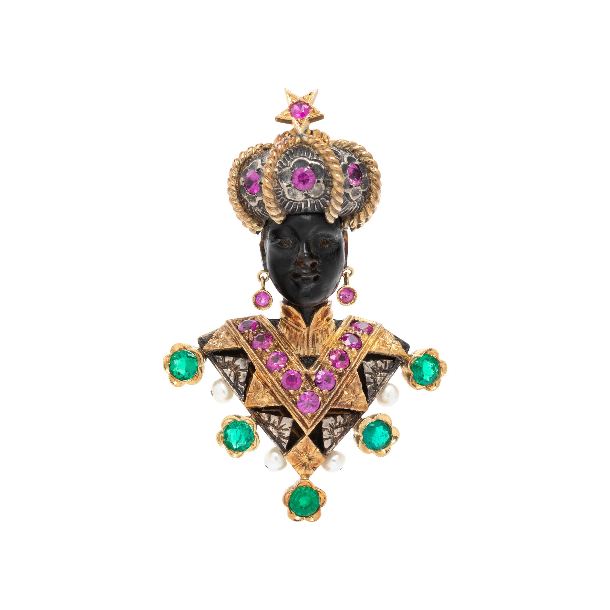 NARDI, YELLOW GOLD, SILVER AND MULTIGEM BLACKAMOOR BROOCH