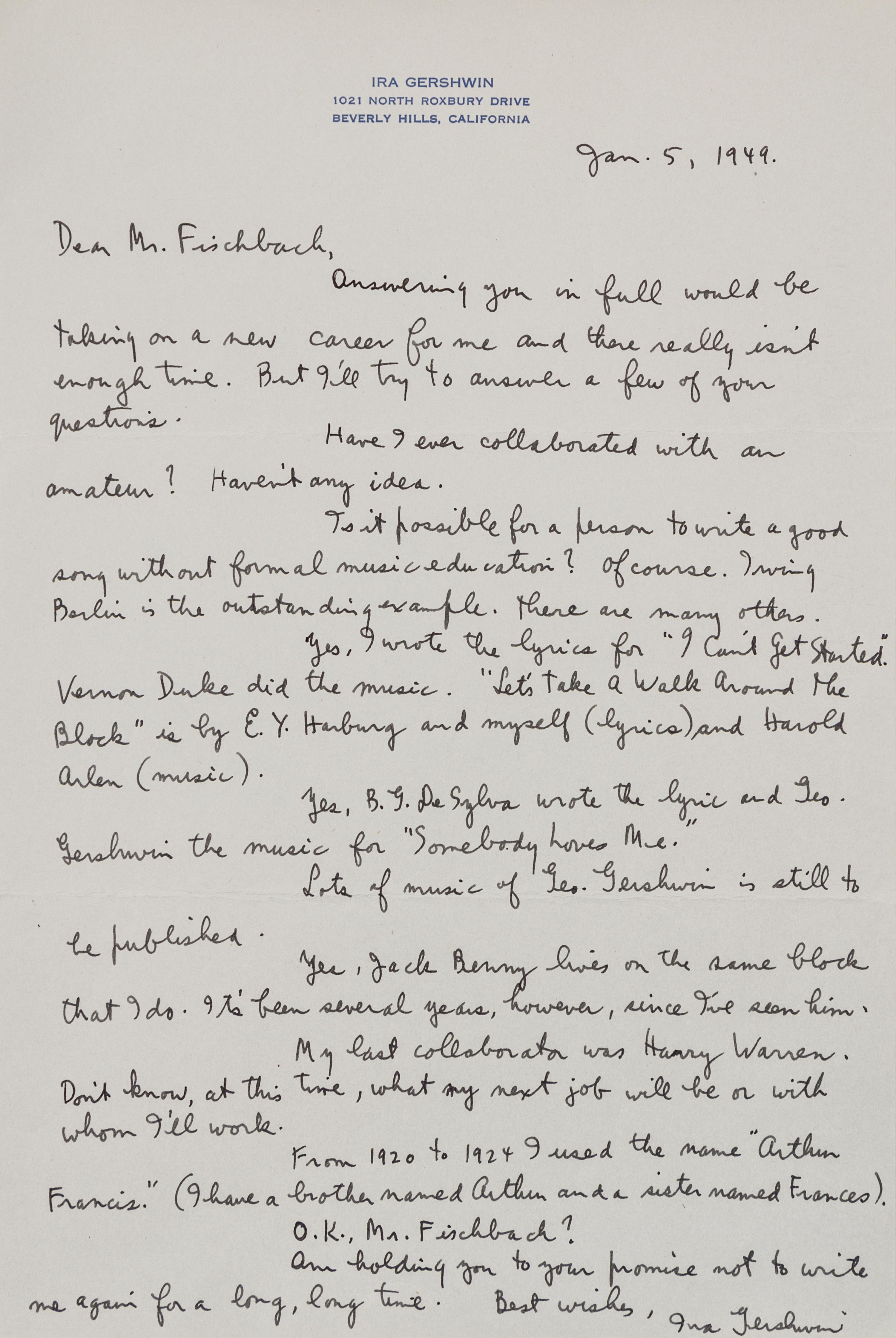 GERSHWIN, Ira (1896-1983). Autograph letter signed ("Ira Gershwin"), to John Fischbach. Beverly Hills, CA, 5 January 1949.