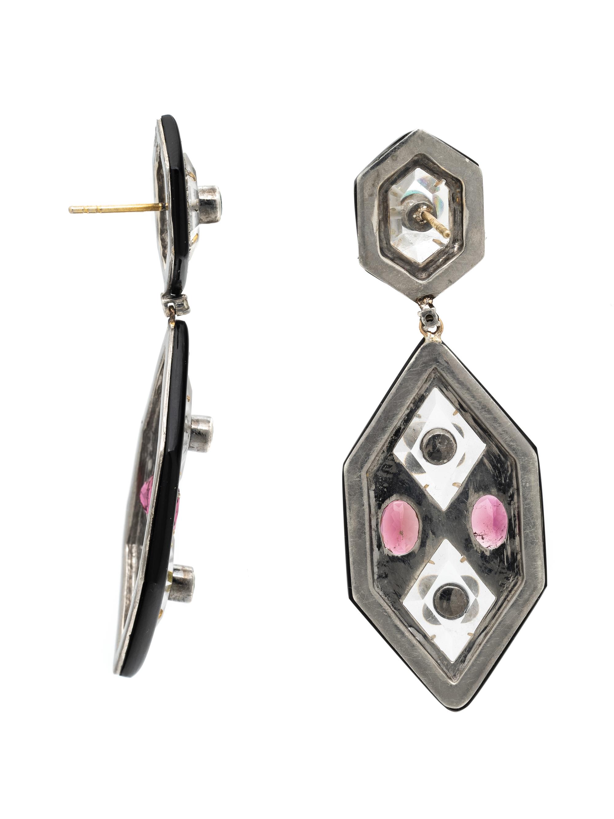 PINK TOURMALINE, EMERALD, DIAMOND, ROCK CRYSTAL, AND BLACK ONYX EARRINGS