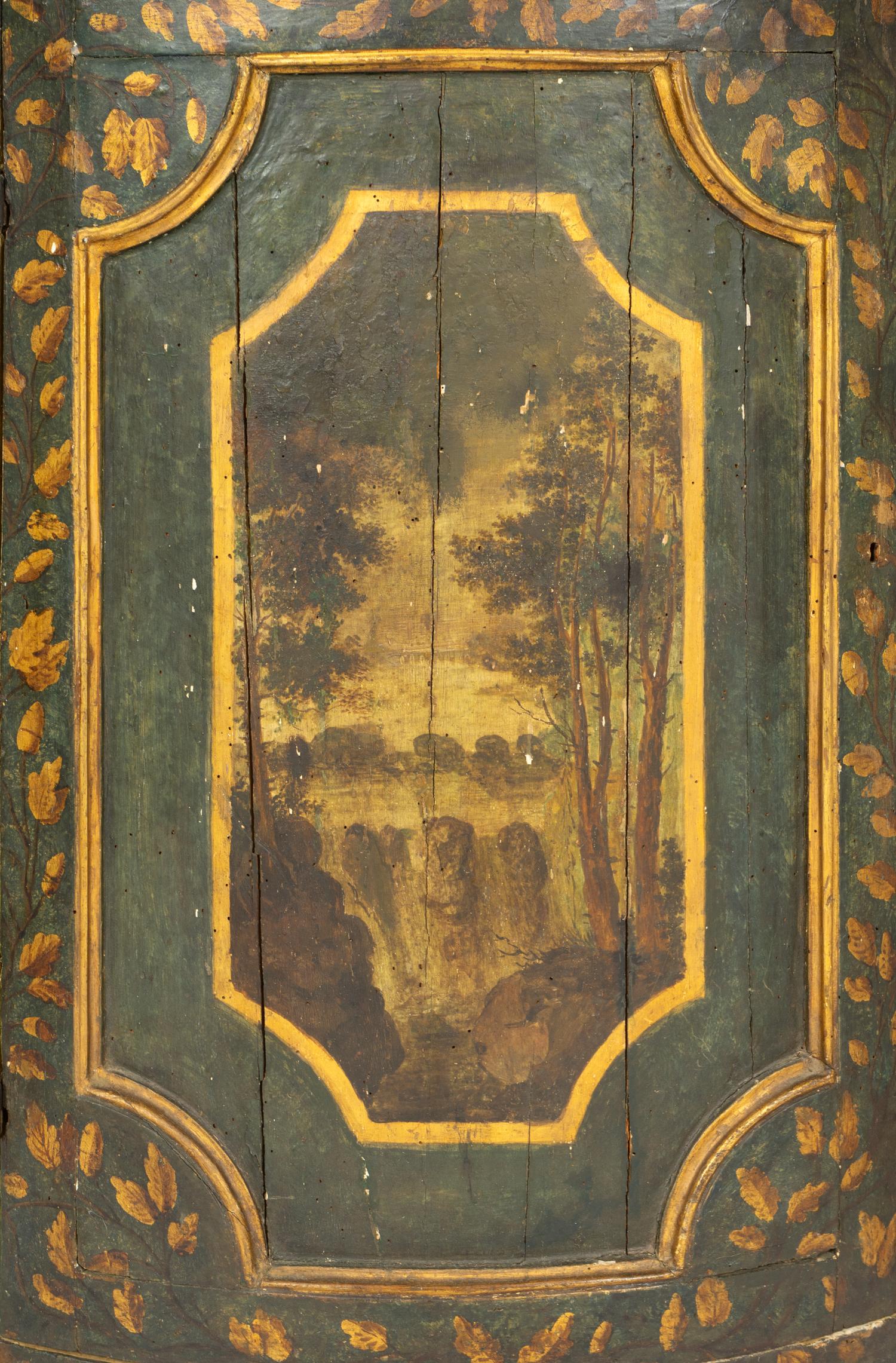 A Pair of Italian Painted Faux Marble and Parcel-Gilt Corner Cabinets