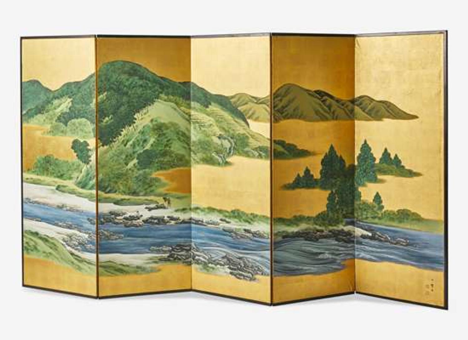 Mochizuki Gyokusen (Japanese, 1834-1913), A Five-Panel Landscape Screen