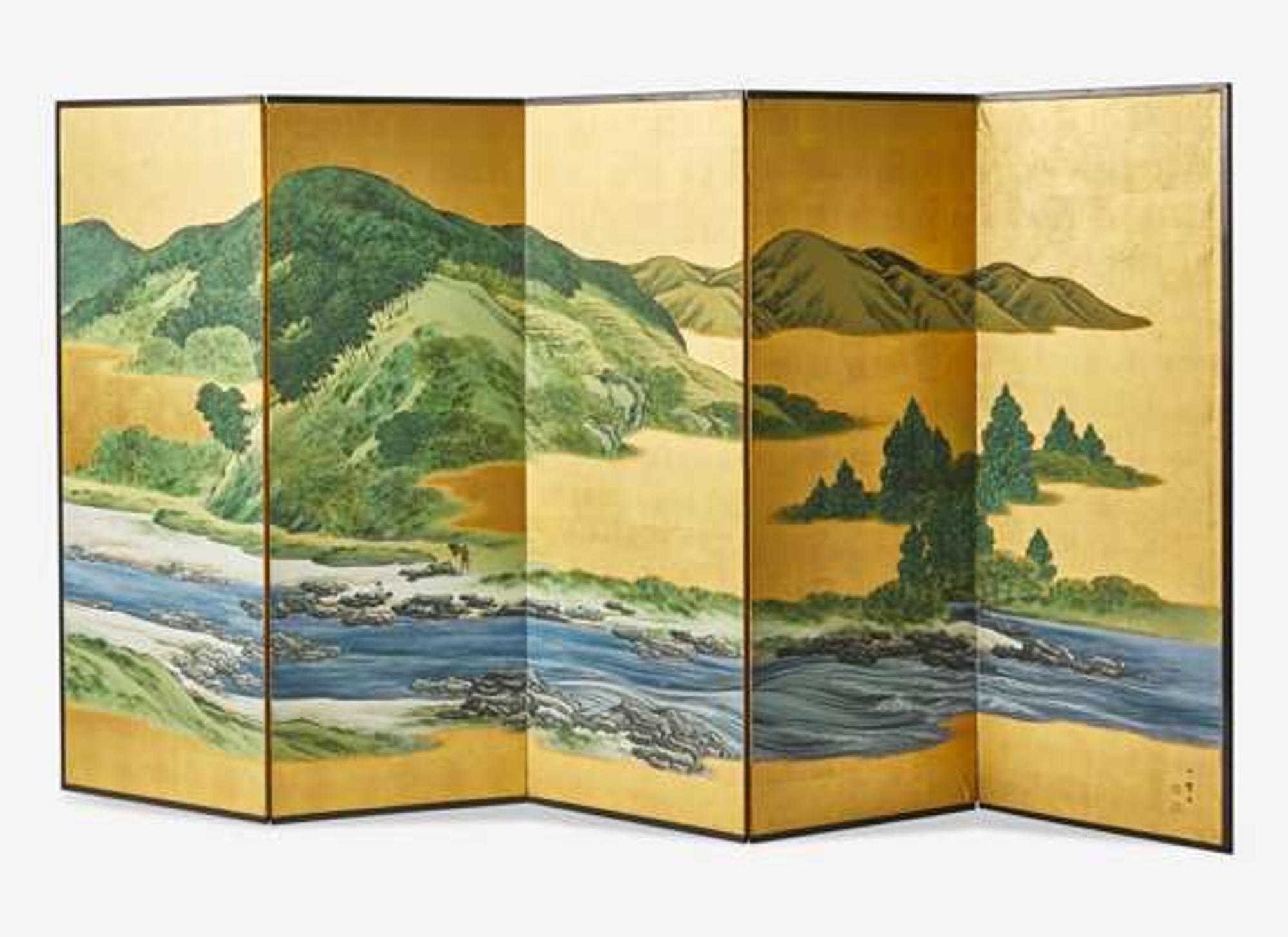 Mochizuki Gyokusen (Japanese, 1834-1913), A Five-Panel Landscape Screen
