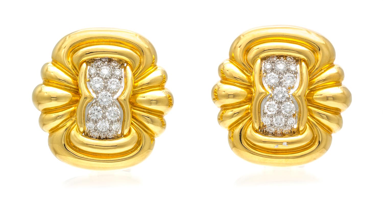 A Pair Of 18 Karat Yellow Gold, Platinum and Diamond Earclips, Chaavae, 20.90 dwts.