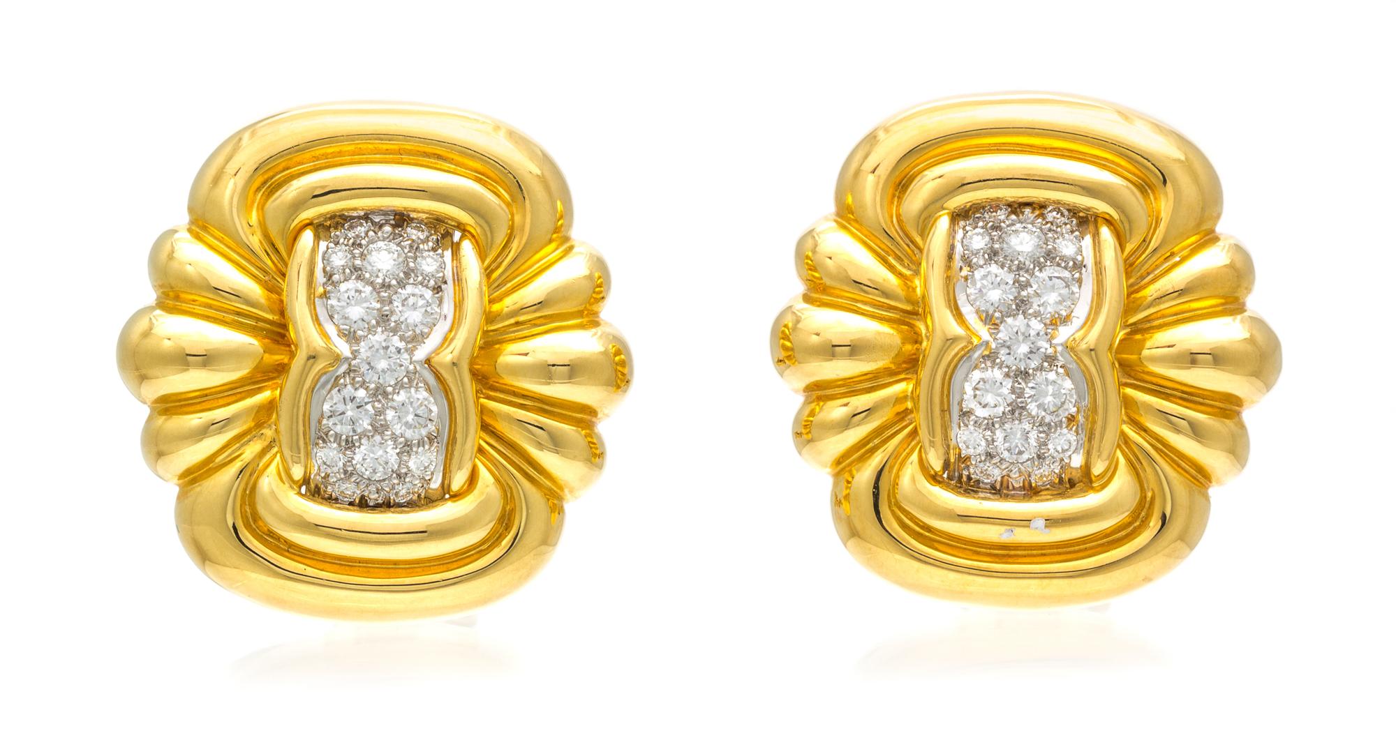 A Pair Of 18 Karat Yellow Gold, Platinum and Diamond Earclips, Chaavae, 20.90 dwts.