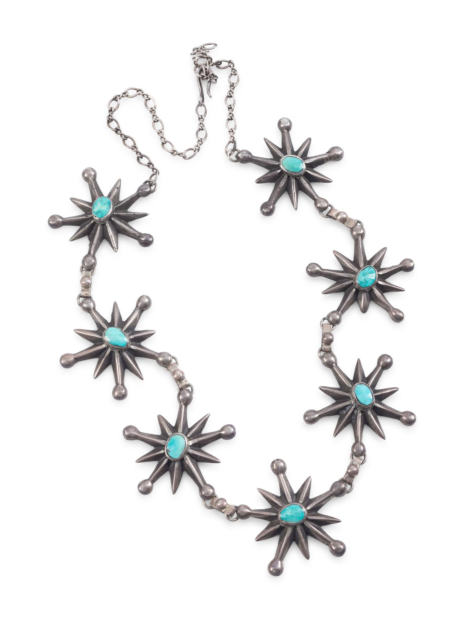 Navajo Sandcast Silver and Turquoise Star Necklace