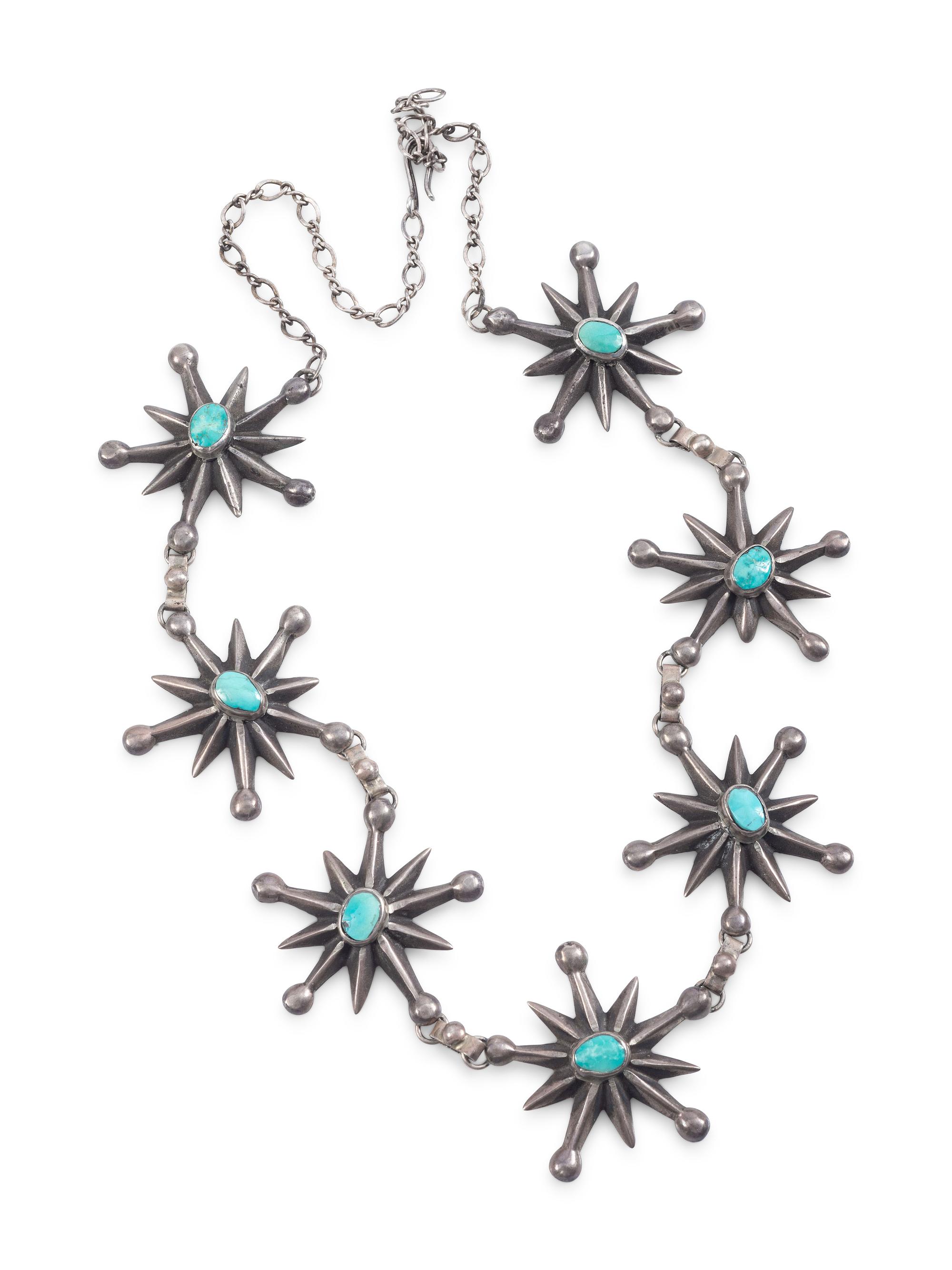 Navajo Sandcast Silver and Turquoise Star Necklace