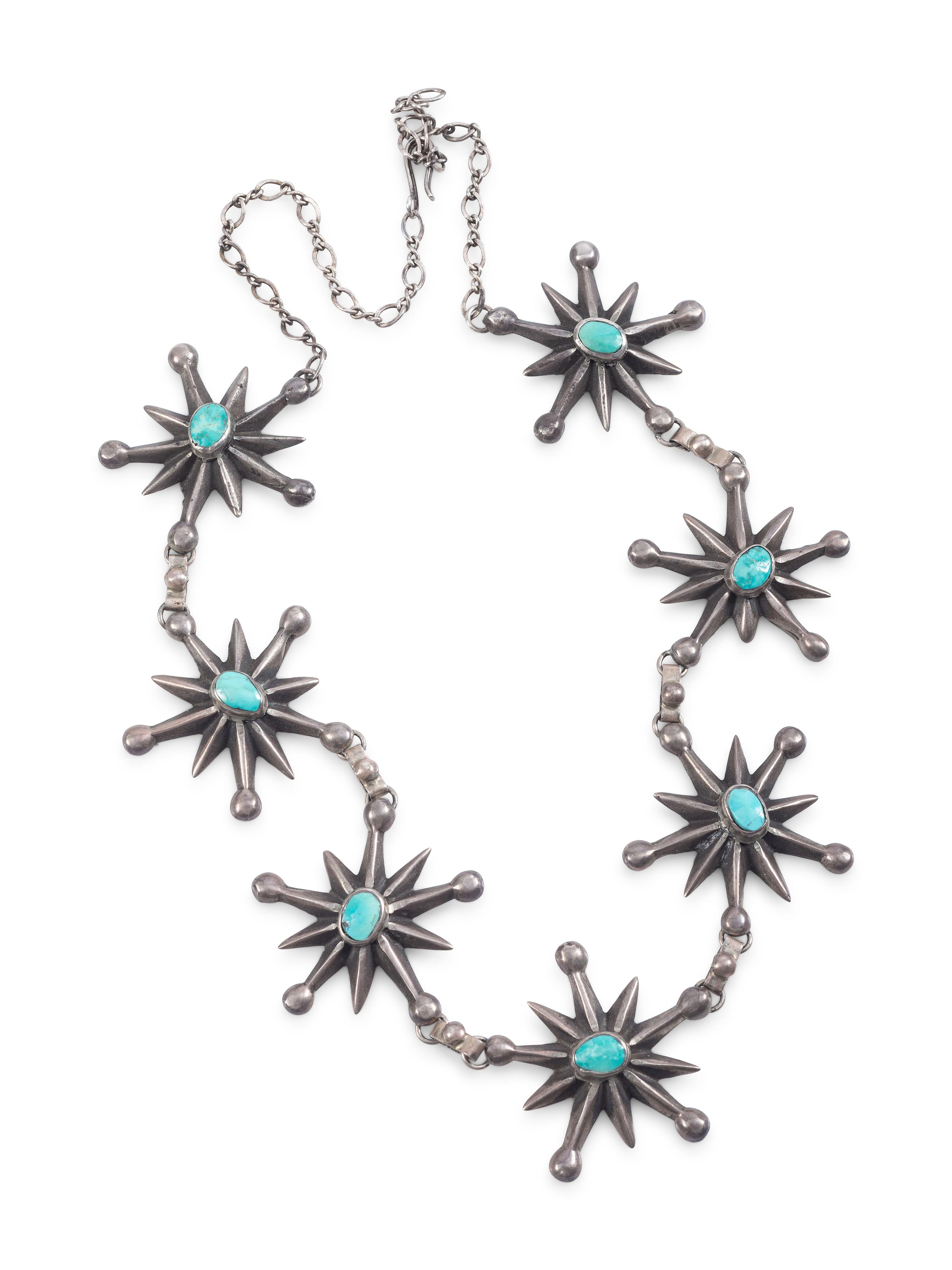 Navajo Sandcast Silver and Turquoise Star Necklace