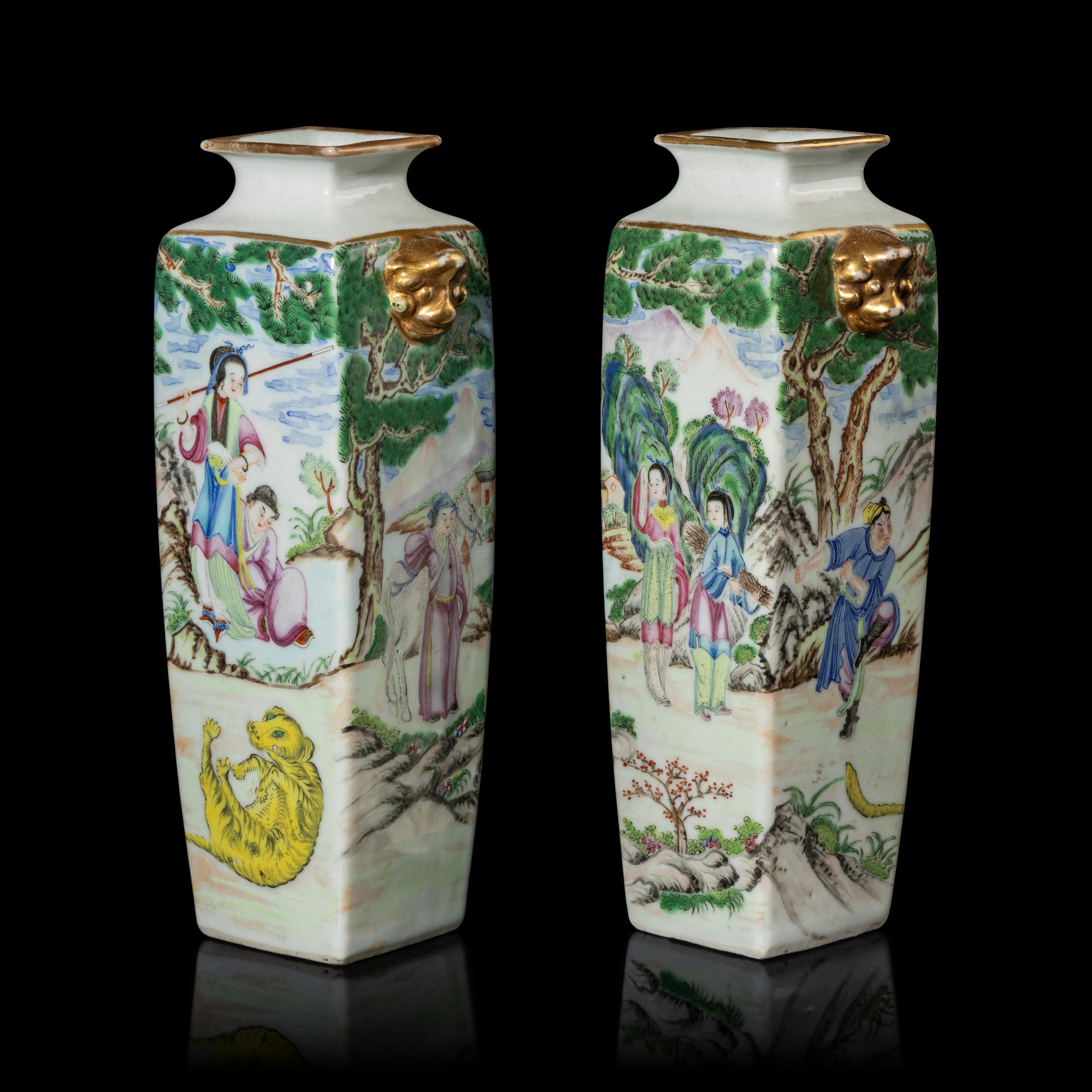 A Pair of Chinese Famille Rose Porcelain 'Figural' Square Vases, 19th-20th Century — 晚清-民國 粉彩武松打虎圖雙鋪首耳方瓶一對