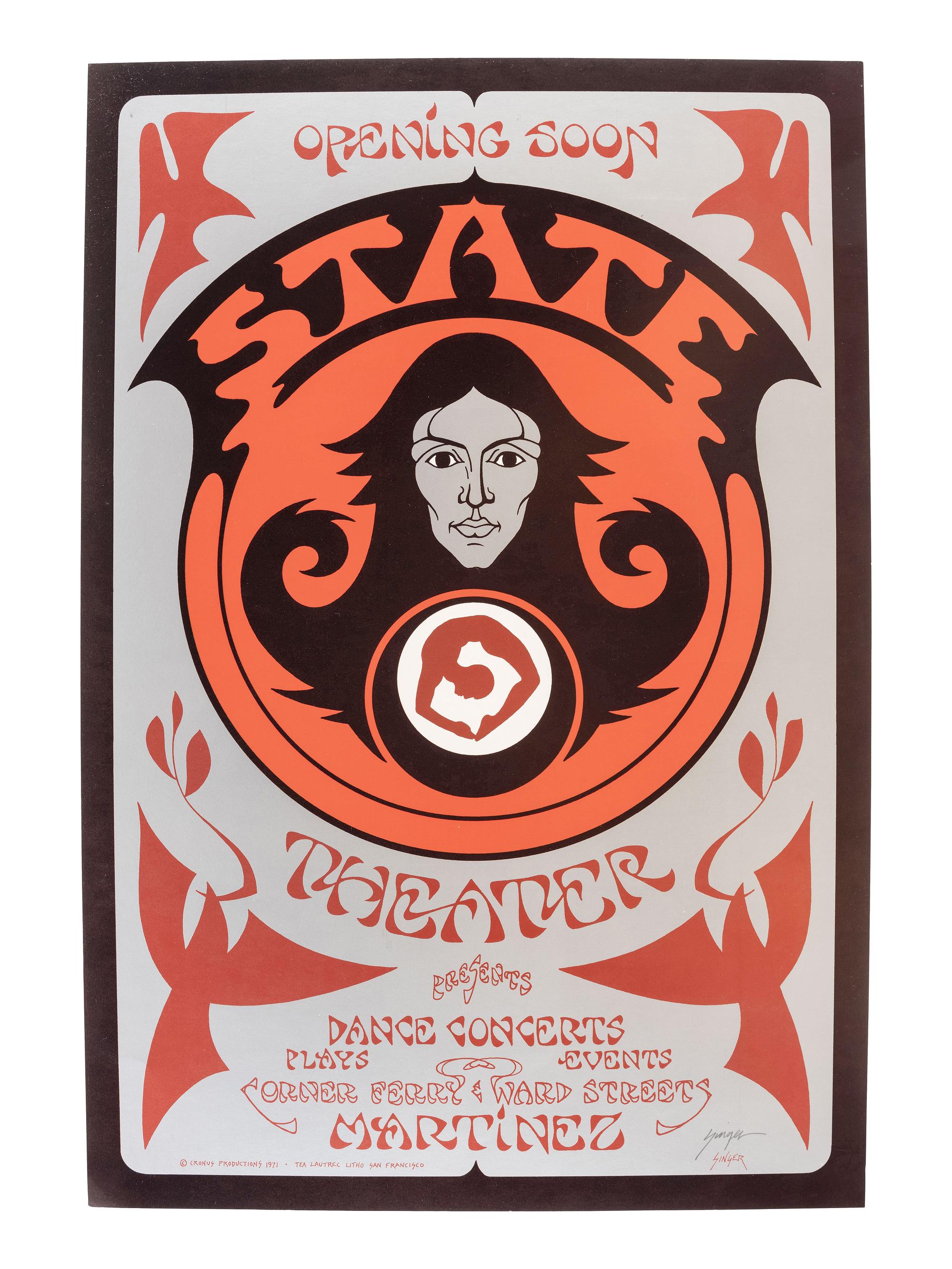 [MUSIC] -- [POSTERS]. SINGER, David, artist. A group of 3 posters promoting Jethro Tull, the Allman Brothers Band (SIGNED), and the opening of the State Theater in San Francisco.