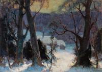 John Fabian Carlson (American/Swedish, 1874-1945) — Winter Landscape with Cottage