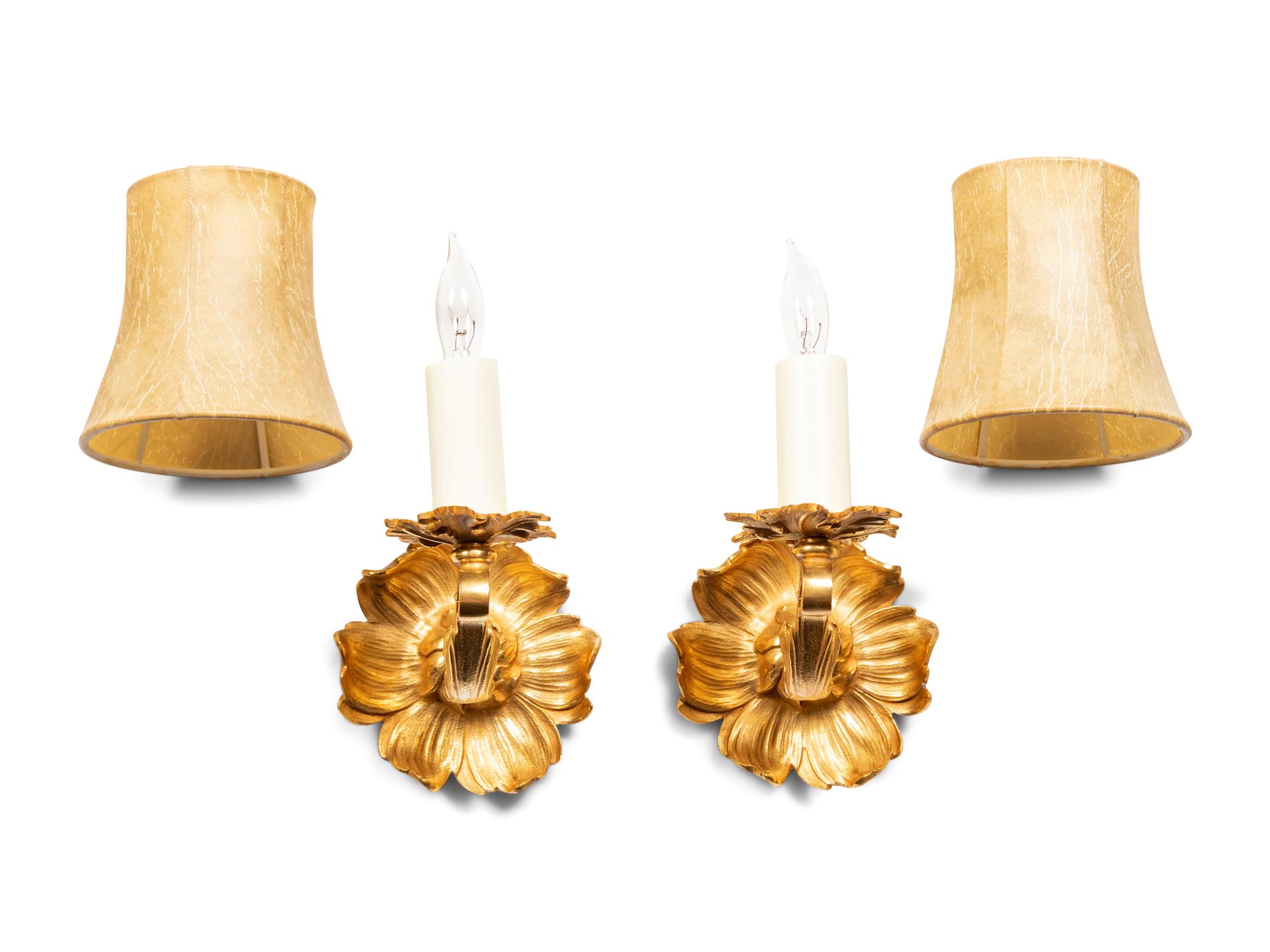 A Pair of Gilt Bronze Single-Light Sconces with Vinyl Shades