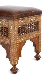 A Pair of Syrian Bone Inlaid Ottomans with Leather Upholstery