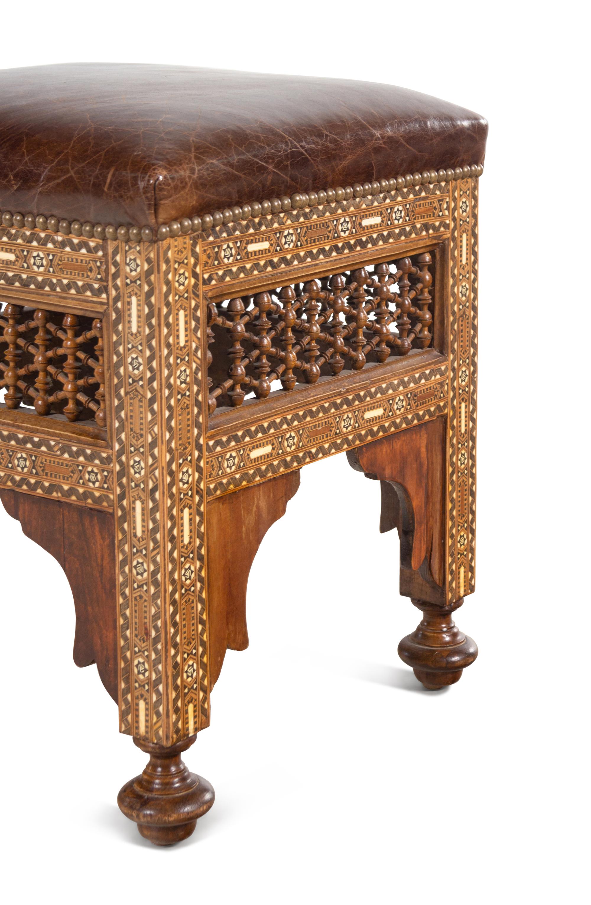 A Pair of Syrian Bone Inlaid Ottomans with Leather Upholstery