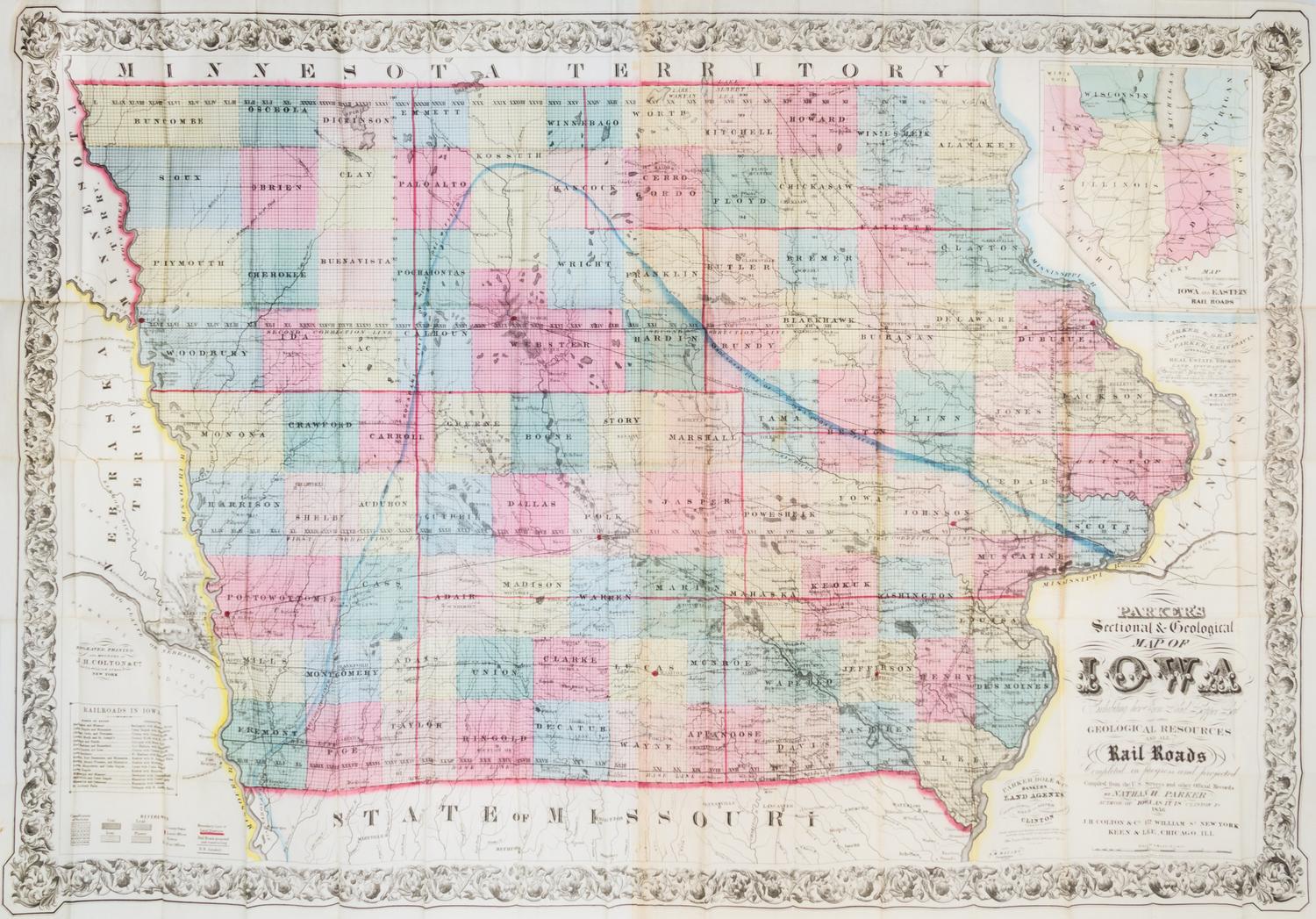(MAP, IOWA) PARKER, NATHAN H. Parker's Sectional & Geographical Map of Iowa... New York, 1856