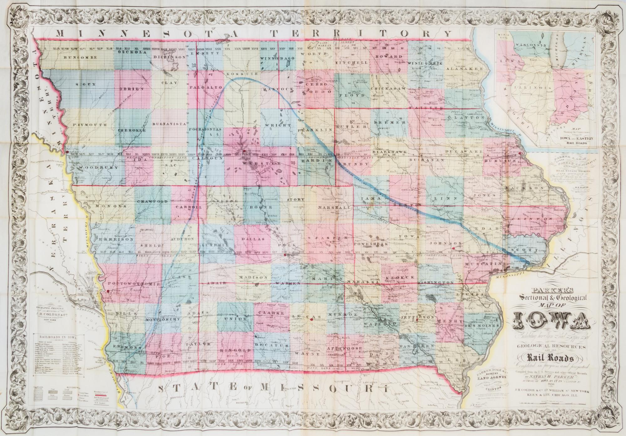 (MAP, IOWA) PARKER, NATHAN H. Parker's Sectional & Geographical Map of Iowa... New York, 1856