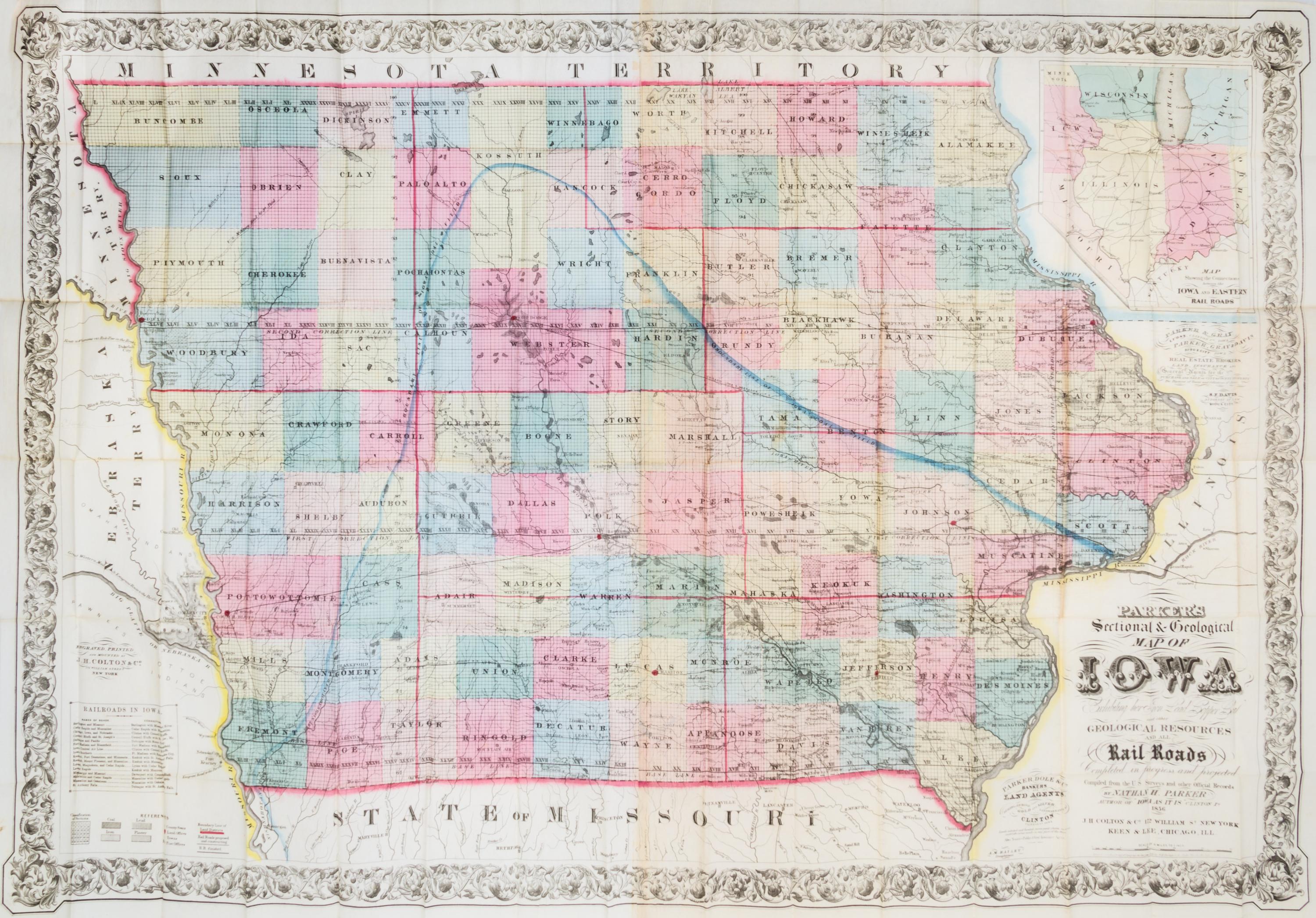 (MAP, IOWA) PARKER, NATHAN H. Parker's Sectional & Geographical Map of Iowa... New York, 1856