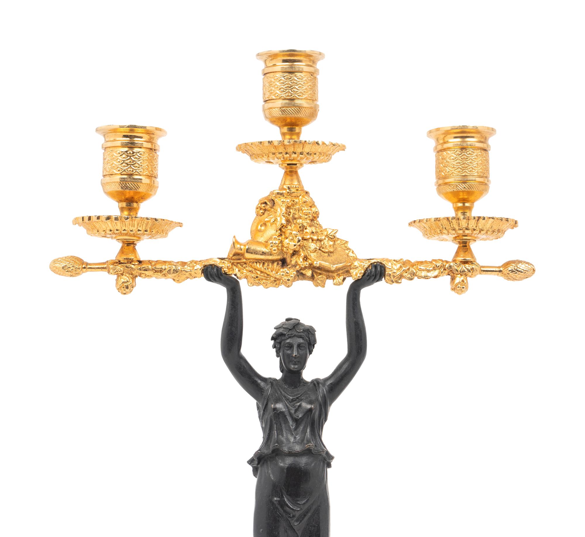 A Pair of Continental Gilt and Patinated Bronze and Cut Glass Three-Light Candelabra
