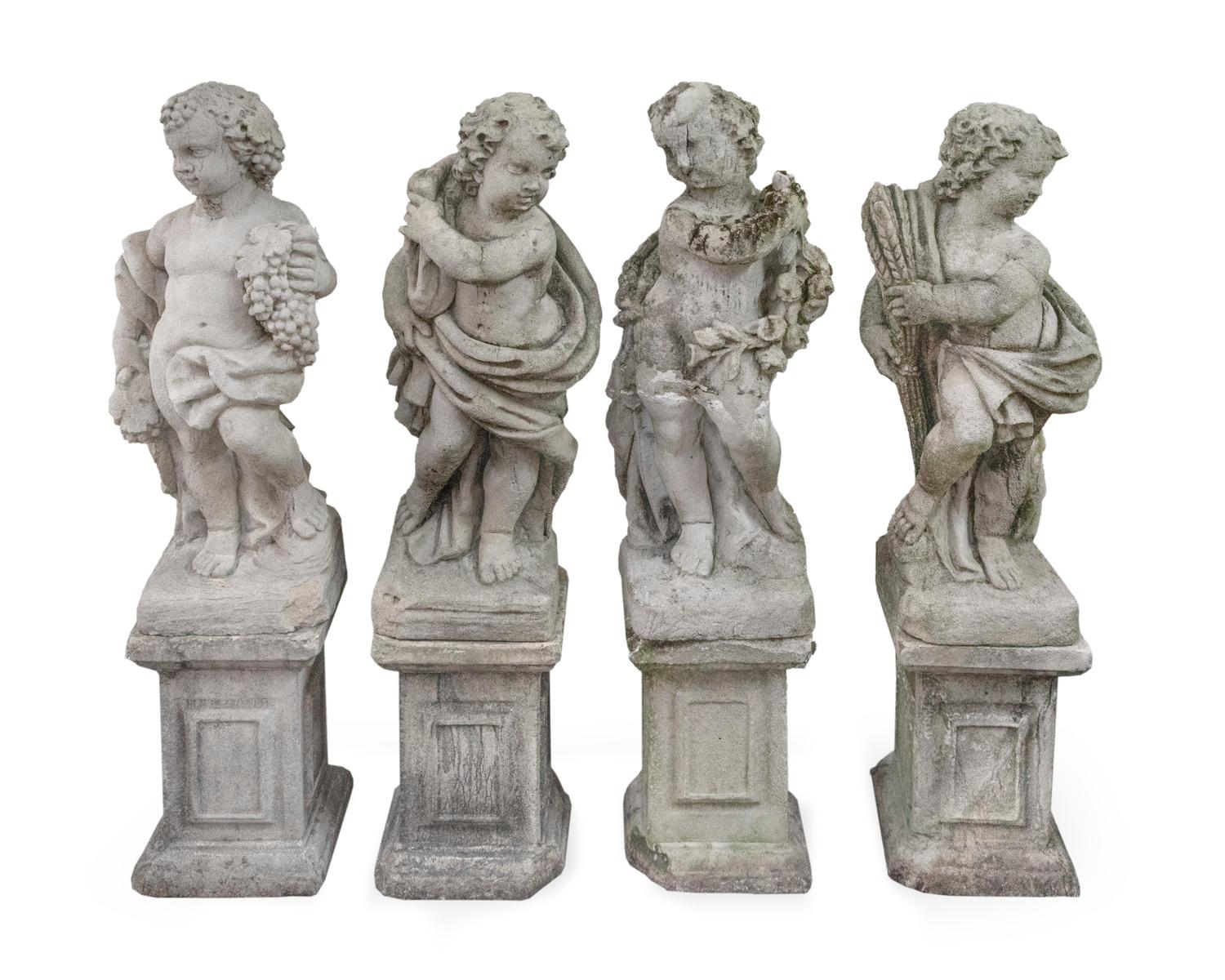 A Group of Four Cast Stone Figures on Columnar Bases — 19TH/20TH CENTURY
