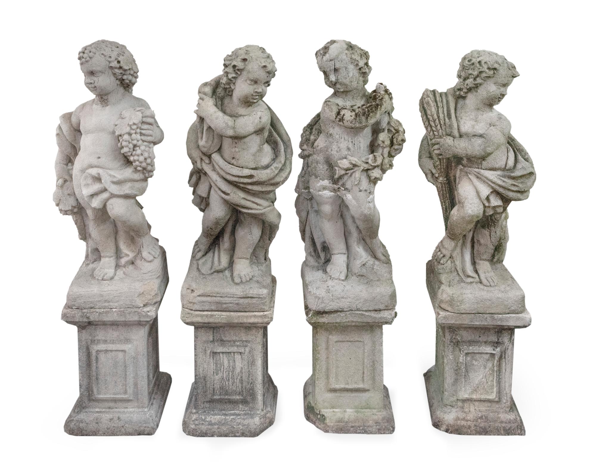 A Group of Four Cast Stone Figures on Columnar Bases — 19TH/20TH CENTURY