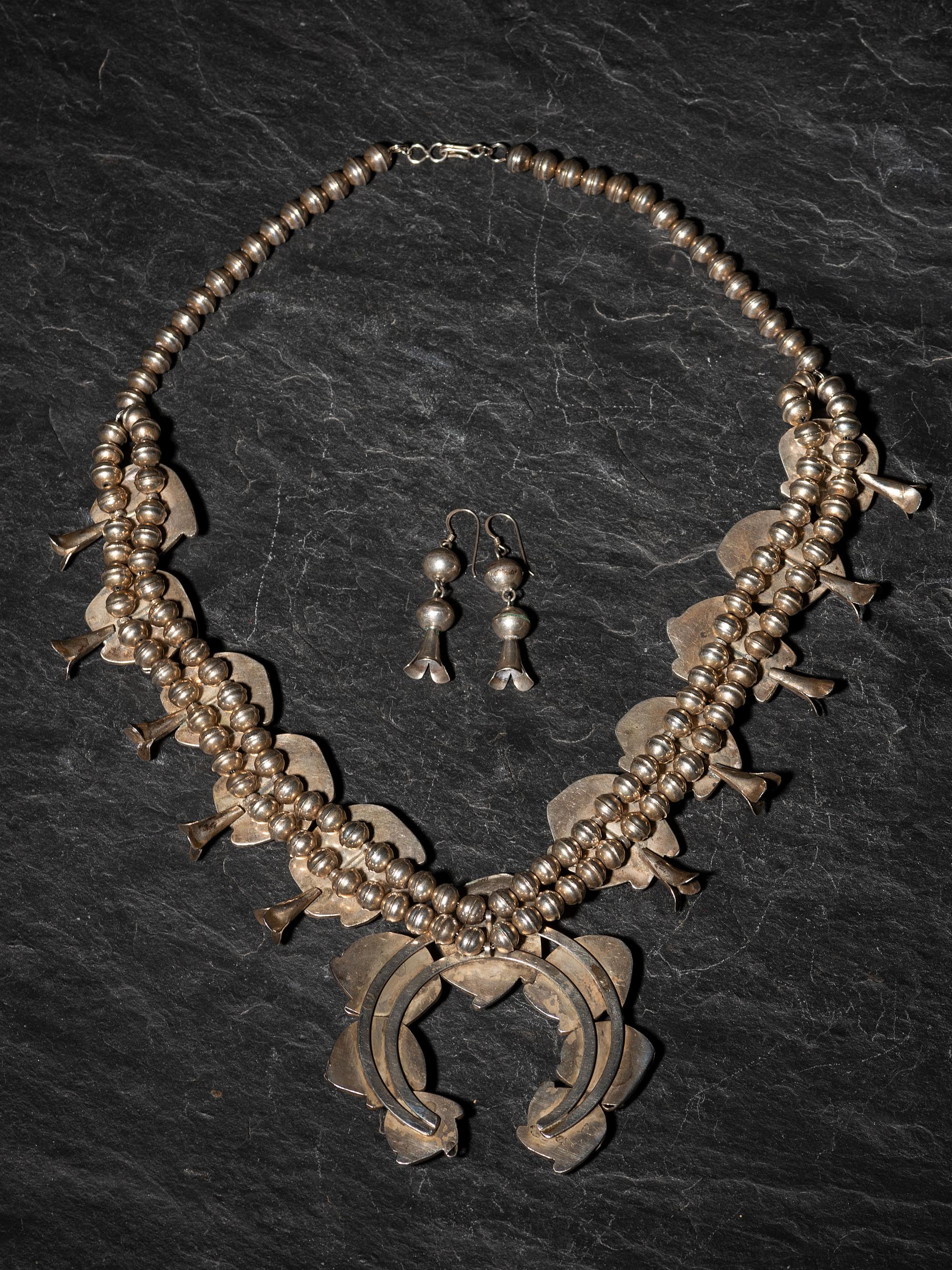 Silver and Turquoise Squash Blossom Necklace, PLUS Hook Earrings