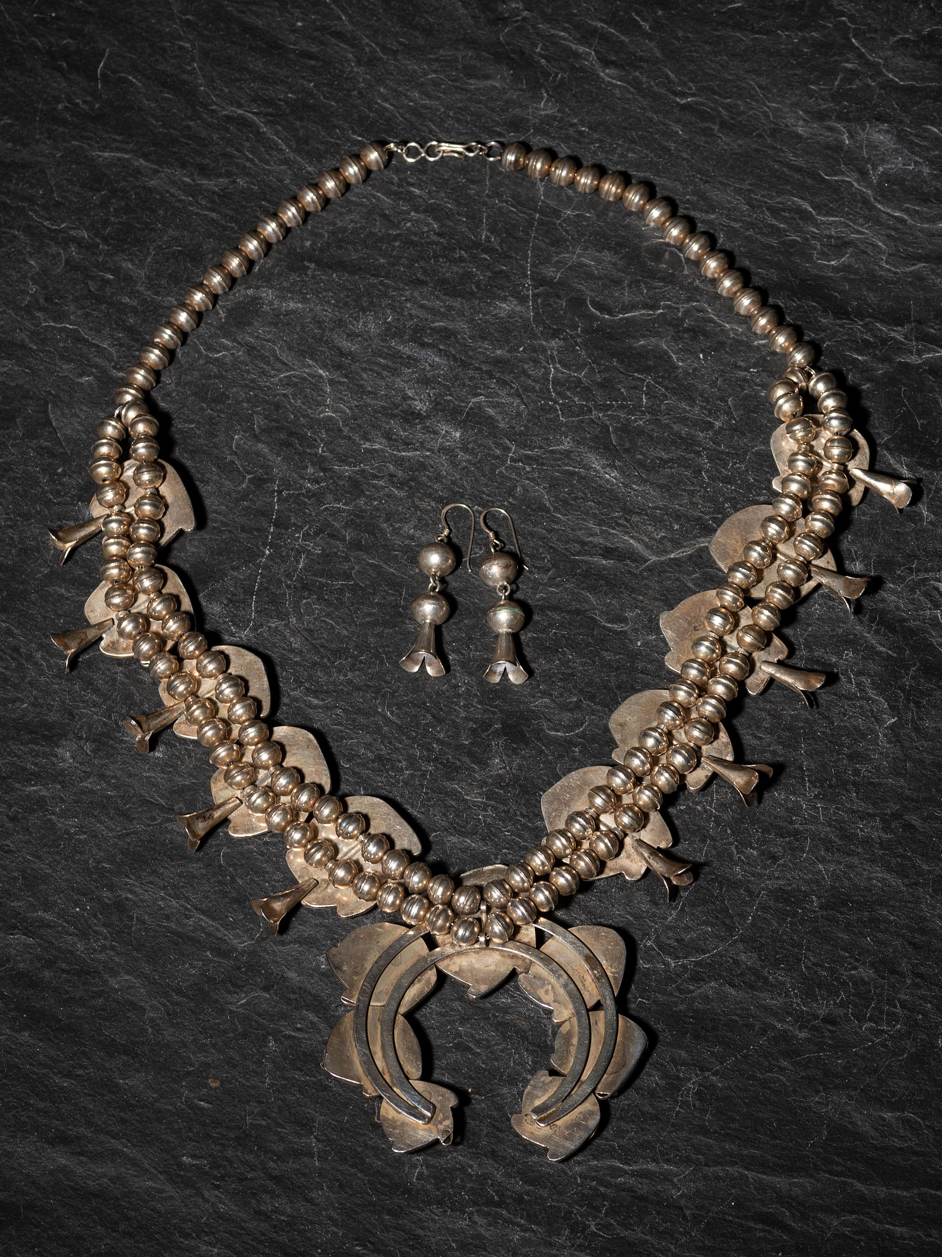 Silver and Turquoise Squash Blossom Necklace, PLUS Hook Earrings