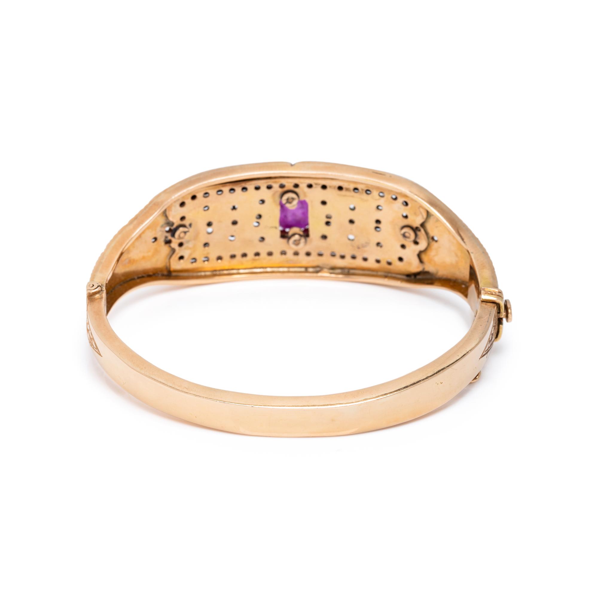RUBY, DIAMOND AND ENAMEL BANGLE BRACELET