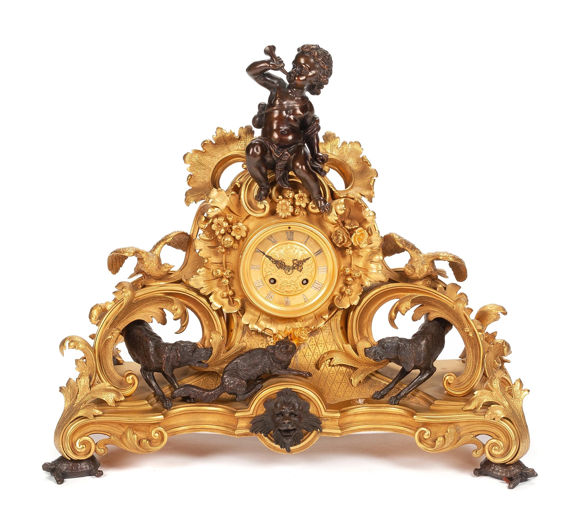 A Napoleon III Gilt and Patinated Bronze Mantel Clock Height 19 x width 22 inches. — MOVEMENT BY JAPY FRERES, 19TH CENTURY