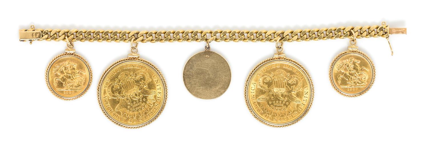 An 18 Karat Yellow Gold Bracelet with 5 Attached Charms, 90.10 dwts.