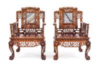 A Chinese Marble Inset and Mother-of-Pearl Inlaid Hardwood Parlor Suite Width of first 63 inches. — 20TH CENTURY