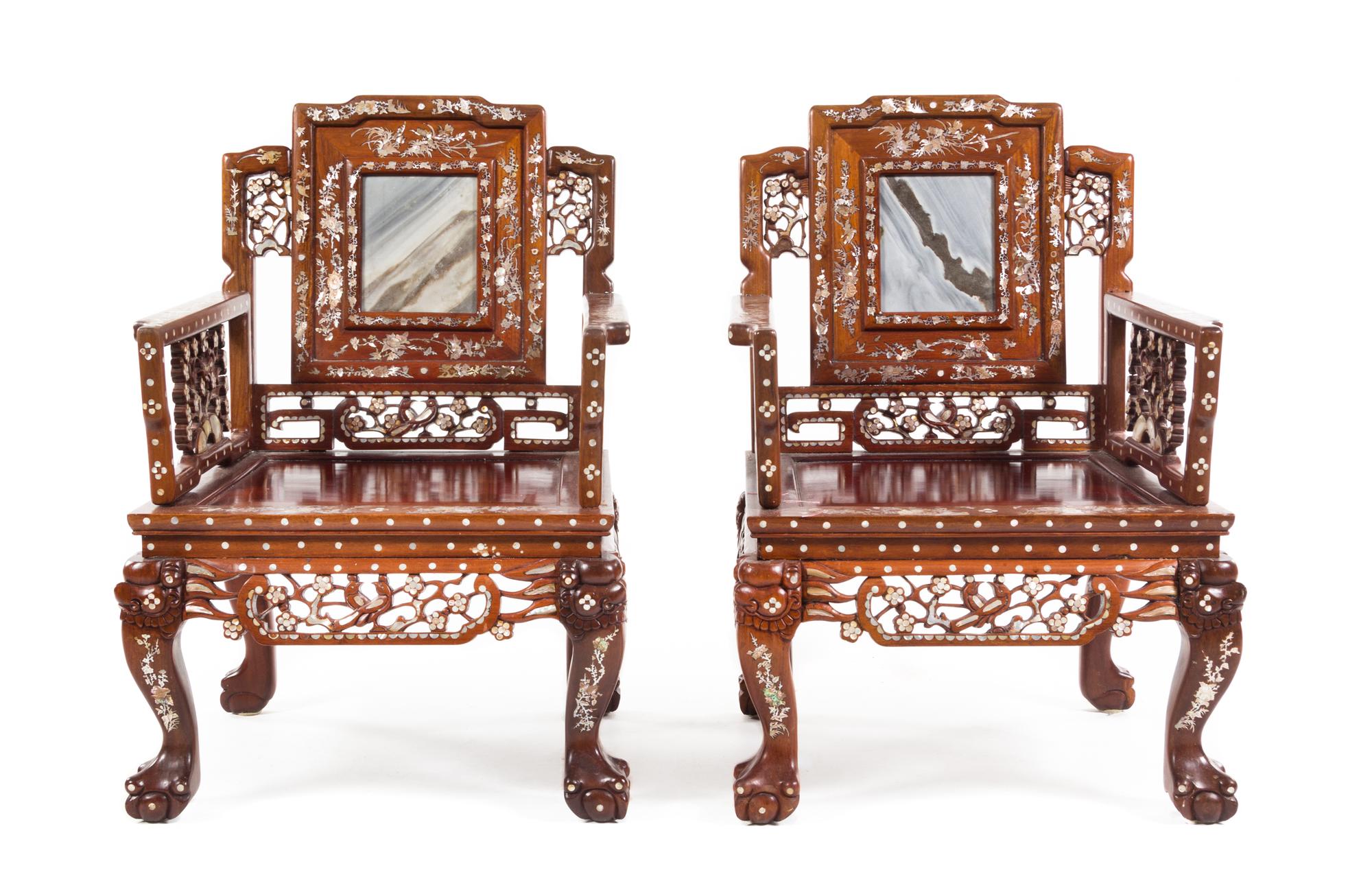 A Chinese Marble Inset and Mother-of-Pearl Inlaid Hardwood Parlor Suite Width of first 63 inches. — 20TH CENTURY