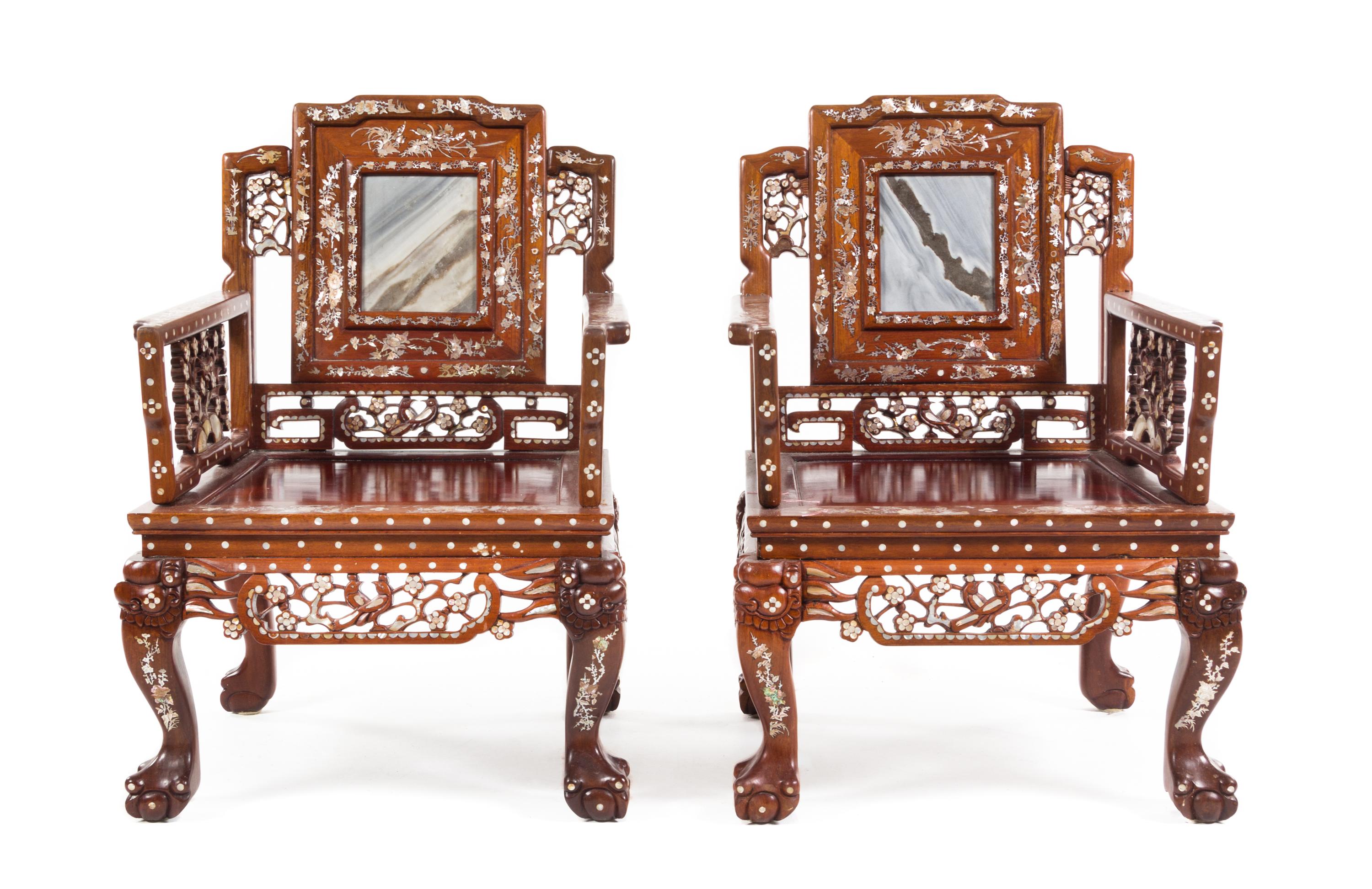 A Chinese Marble Inset and Mother-of-Pearl Inlaid Hardwood Parlor Suite Width of first 63 inches. — 20TH CENTURY