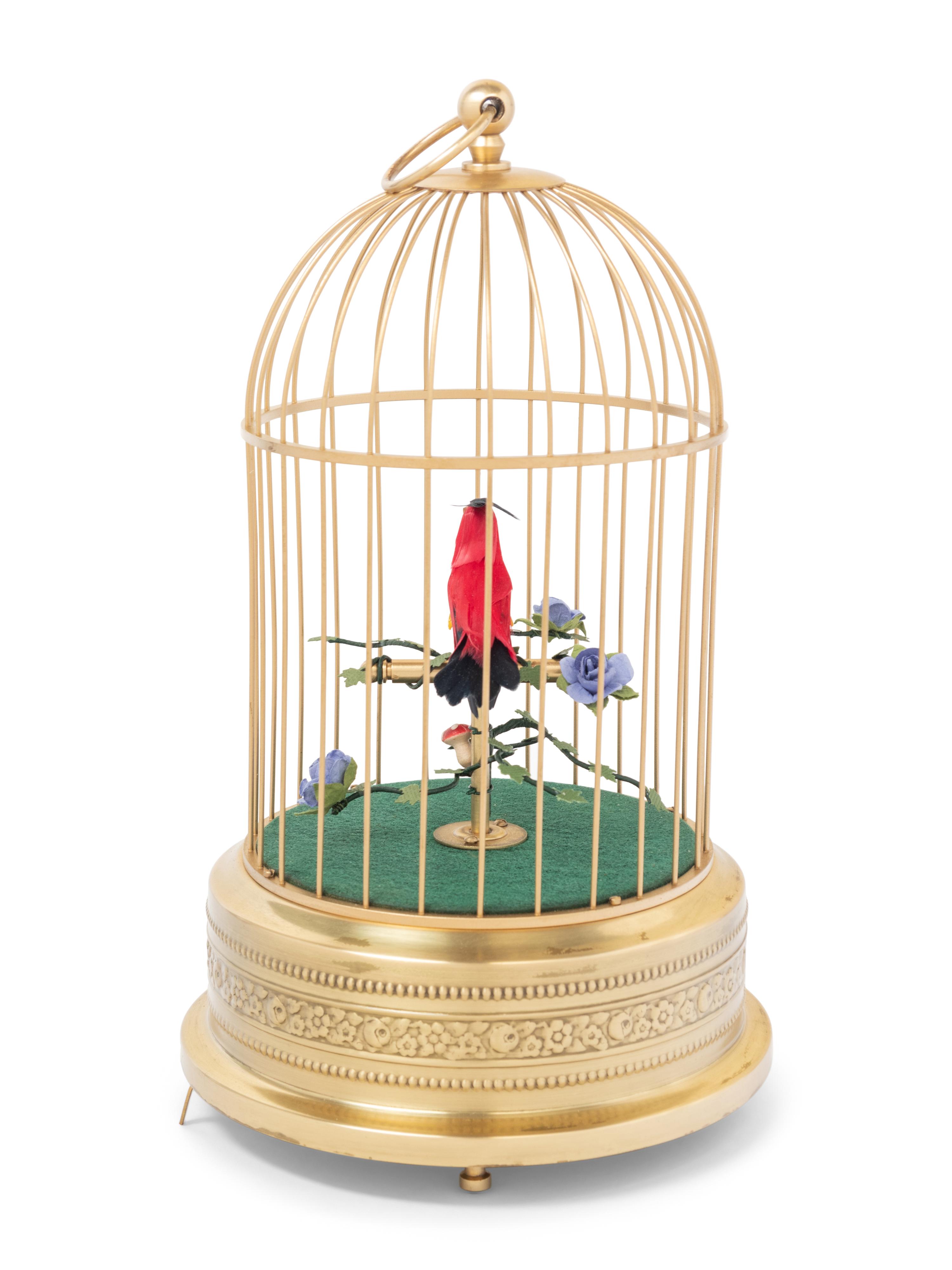 A German Gilt Metal Singing Automaton Bird Cage by Uhren Hauser