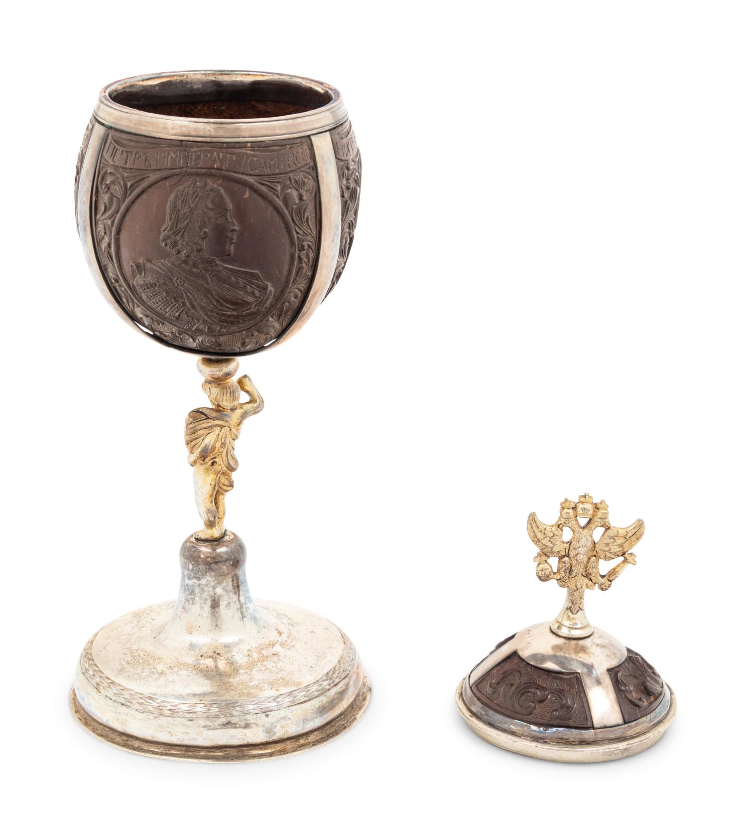 A Silver-Gilt Mounted Carved Coconut Cup and Cover of Russian Interest