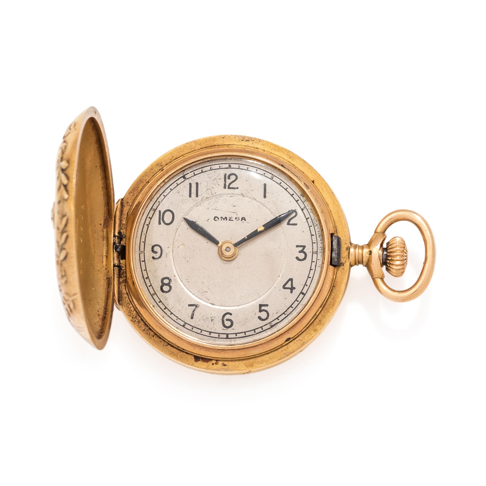 OMEGA, 18K YELLOW GOLD AND DIAMOND HUNTER CASE POCKET WATCH