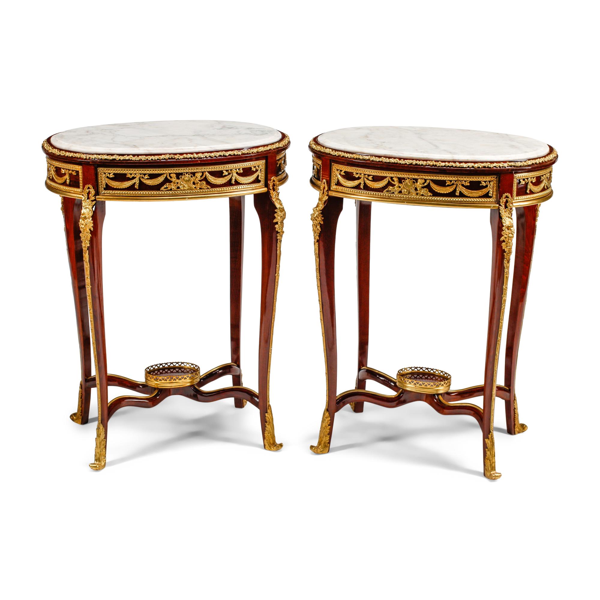 A Pair of Louis XVI Style Gilt Bronze Mounted Marble-Top Tables